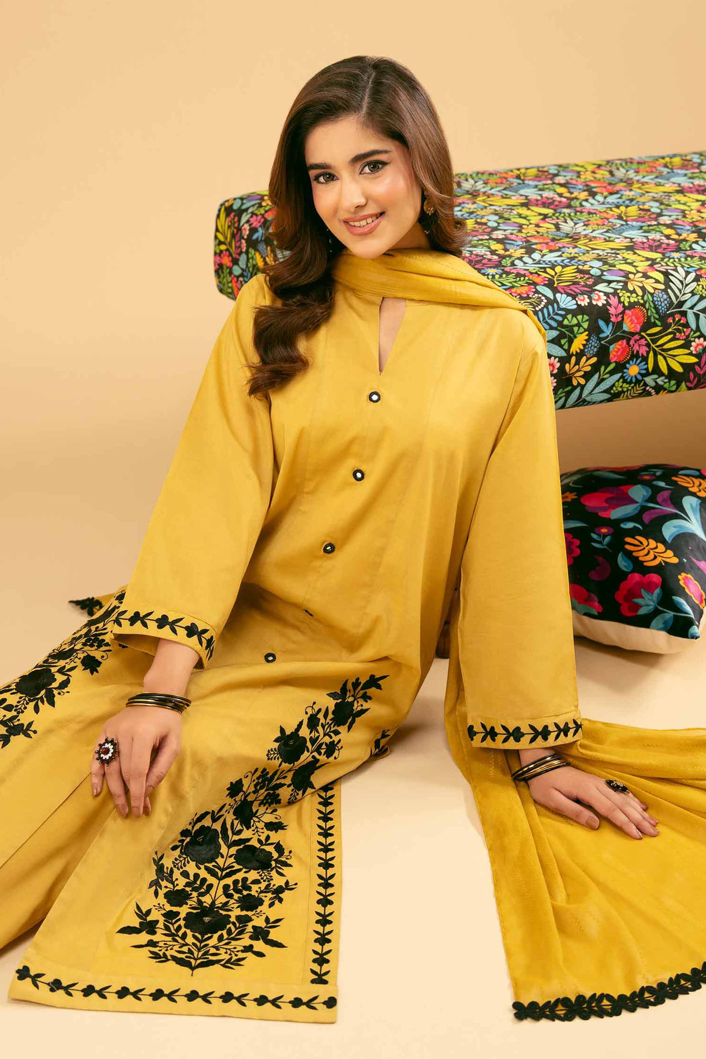 3 Piece - Embroidered Suit - PE25-455 READY TO WEAR Yellow Cambric 3PC Embroidered