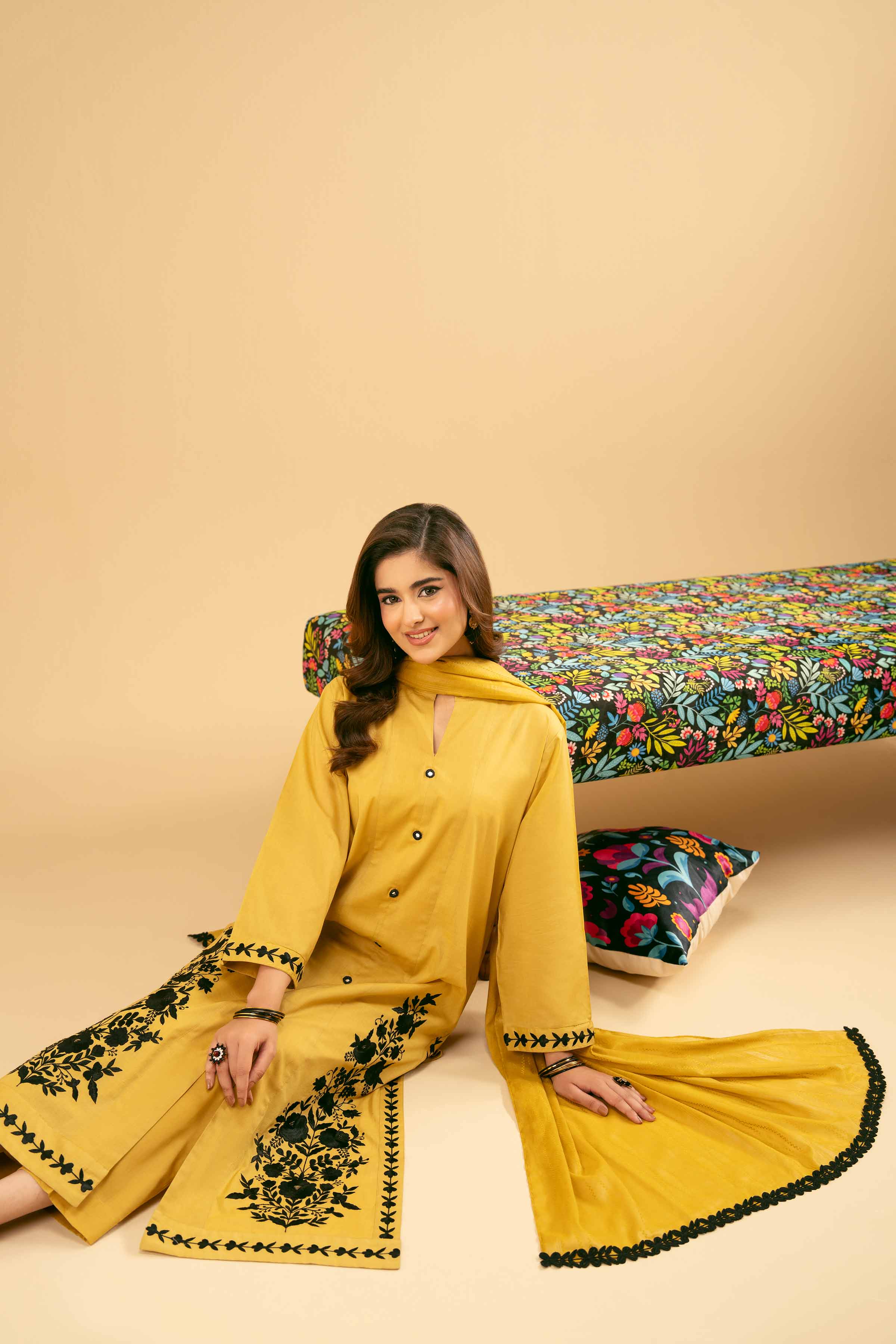 3 Piece - Embroidered Suit - PE25-455 READY TO WEAR Yellow Cambric 3PC Embroidered