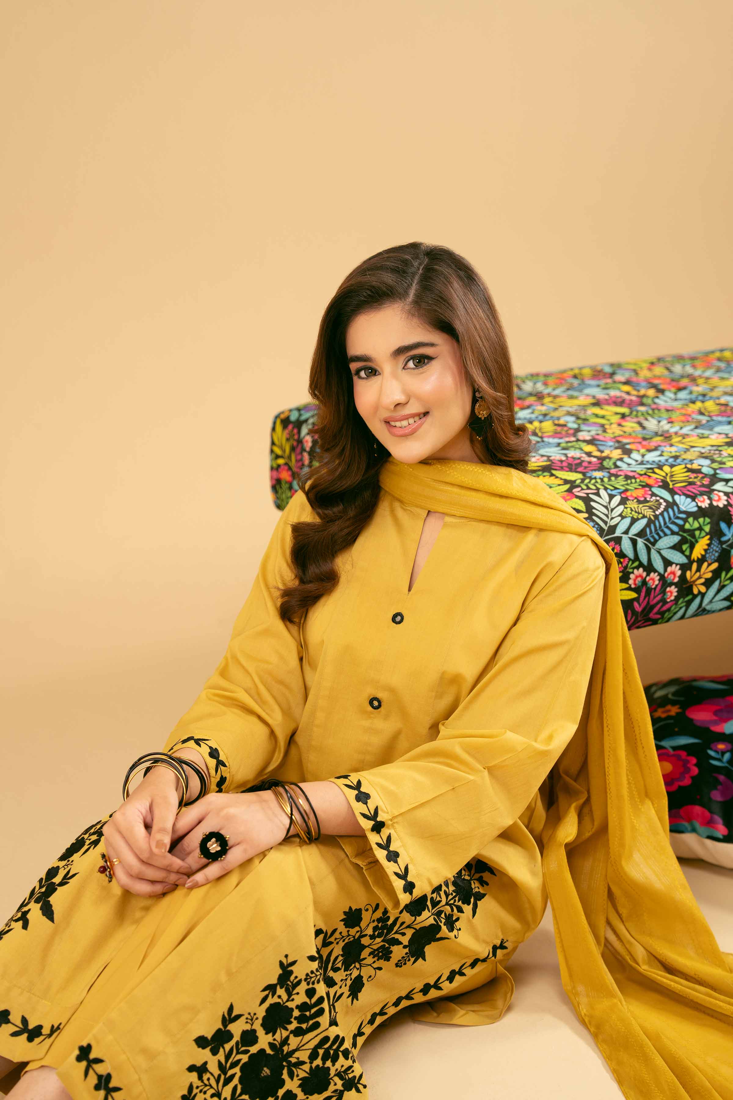 3 Piece - Embroidered Suit - PE25-455 READY TO WEAR Yellow Cambric 3PC Embroidered