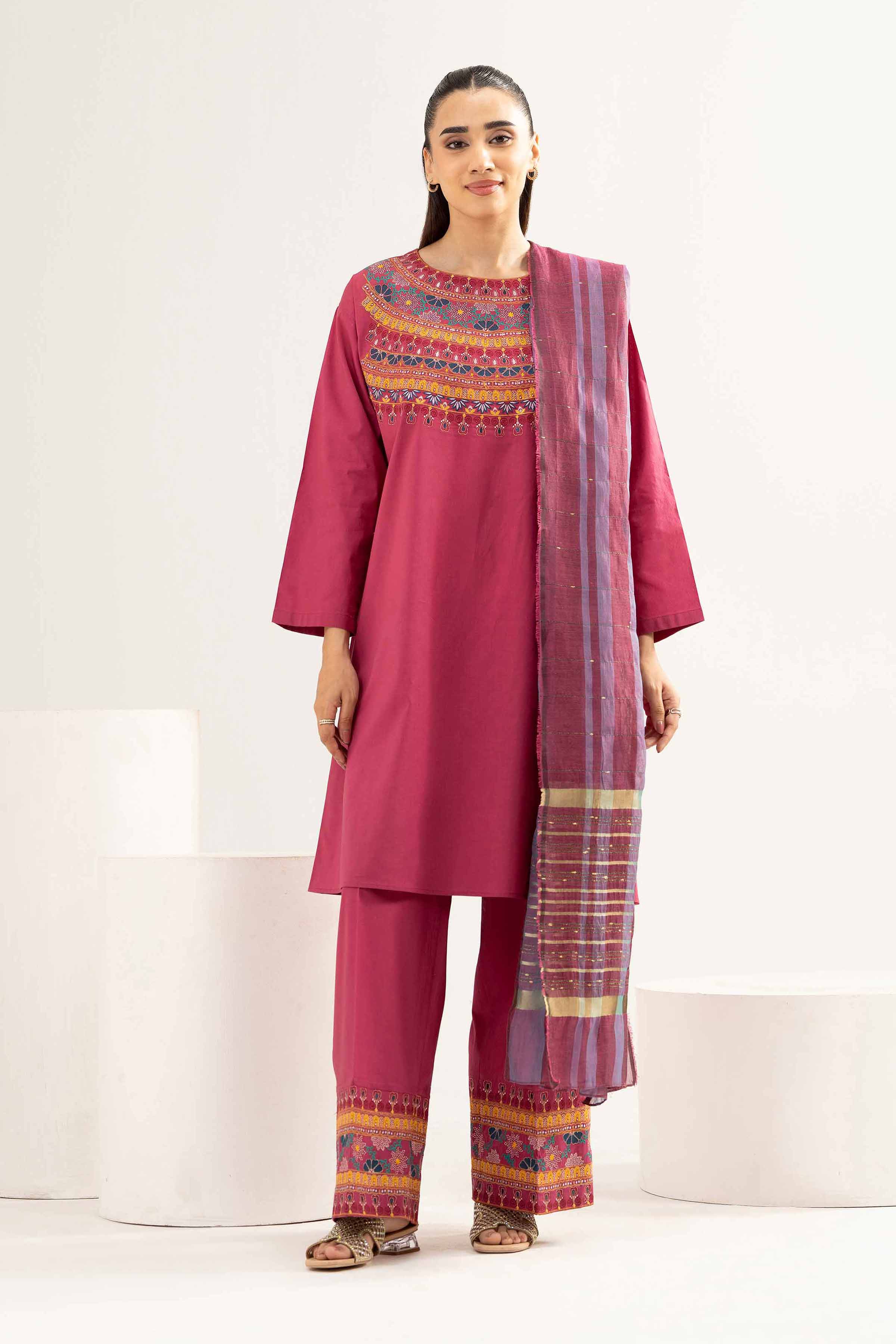 3 Piece - Embroidered Suit - PE25-470 READY TO WEAR Pink Cambric 3PC Embroidered