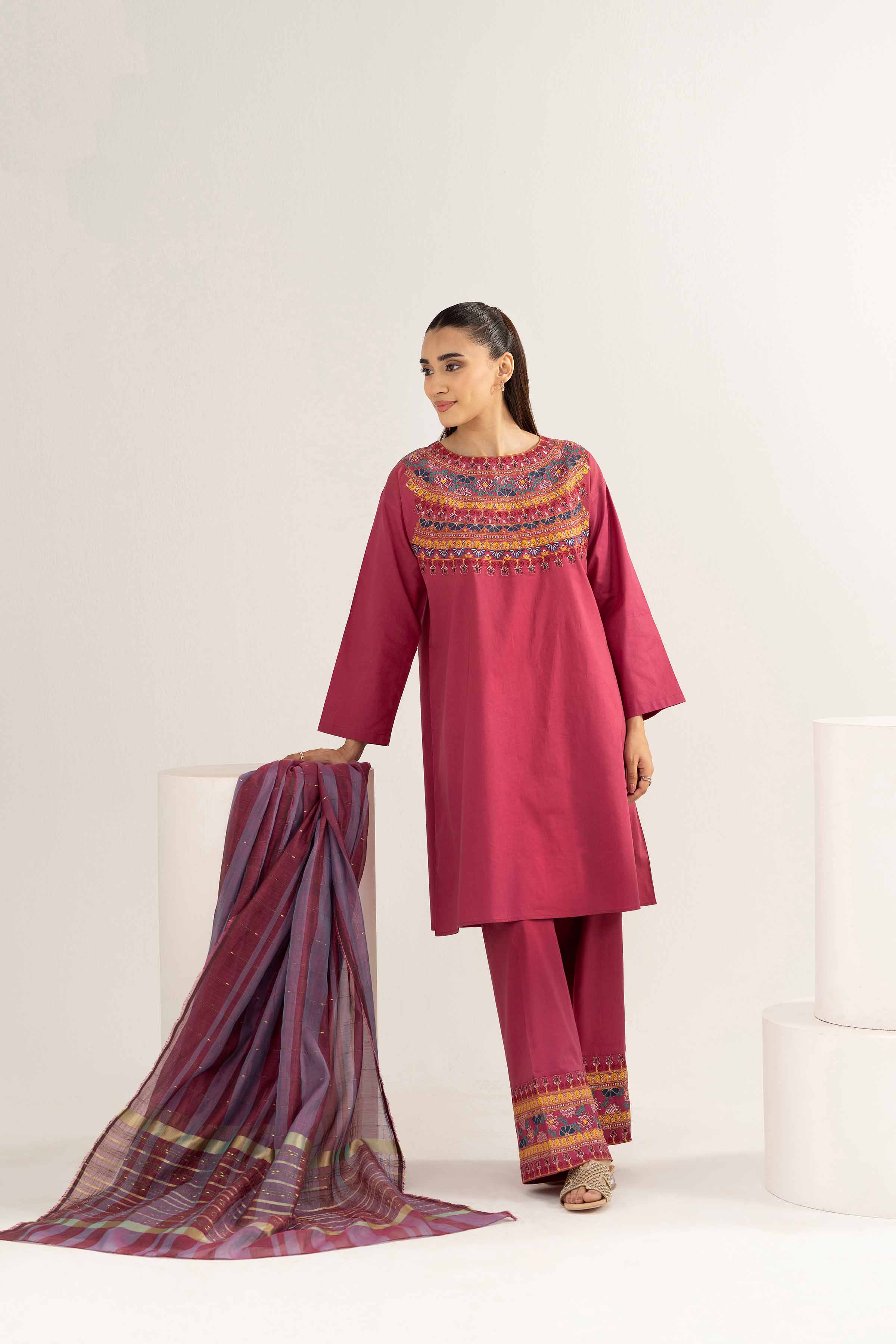 3 Piece - Embroidered Suit - PE25-470 READY TO WEAR Pink Cambric 3PC Embroidered