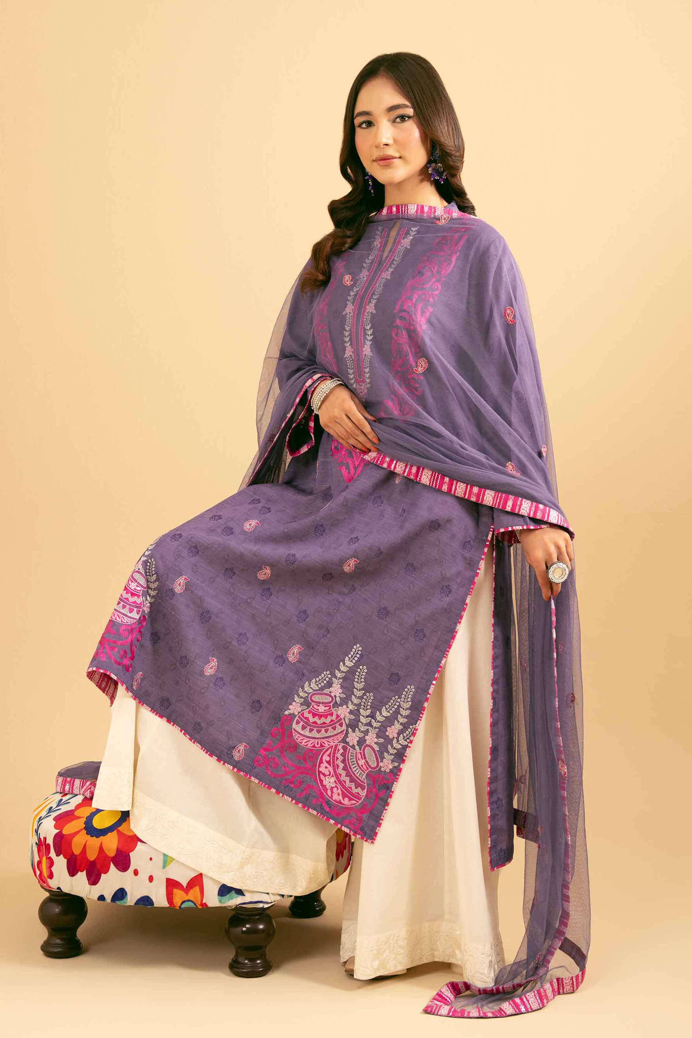 2 Piece - Embroidered Suit - PE25-471 READY TO WEAR Purple Jacquard 2PC Embroidered
