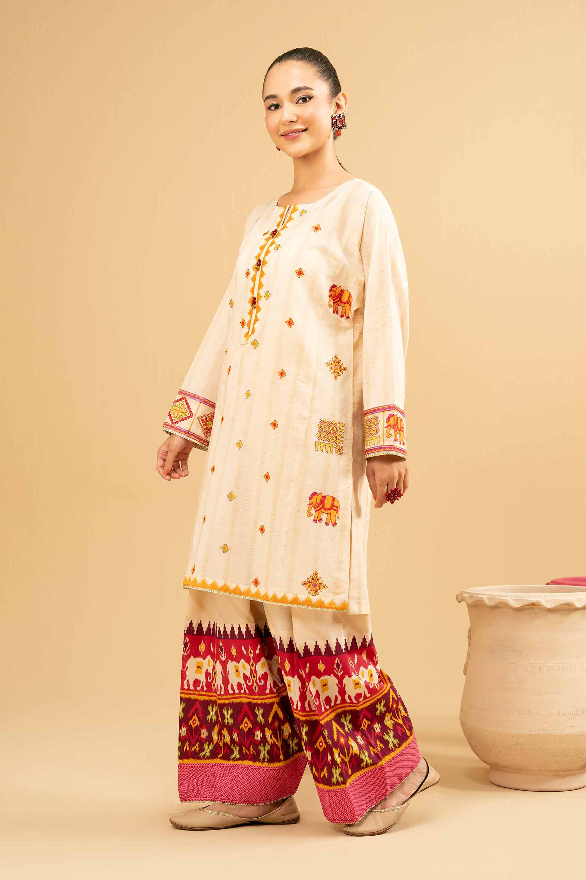 2 Piece - Printed Embroidered Suit - PE25-472 READY TO WEAR White Yarn Dyed 2PC Embroidered