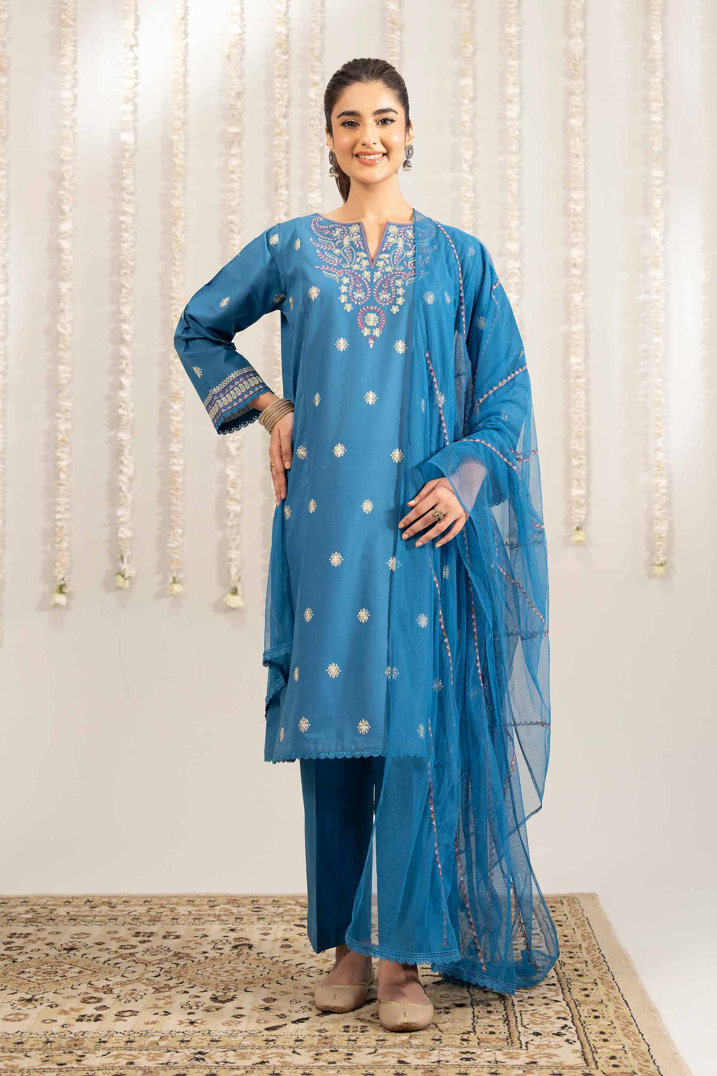 3 Piece - Embroidered Suit - PE25-481 READY TO WEAR Blue Cambric 3PC Embroidered
