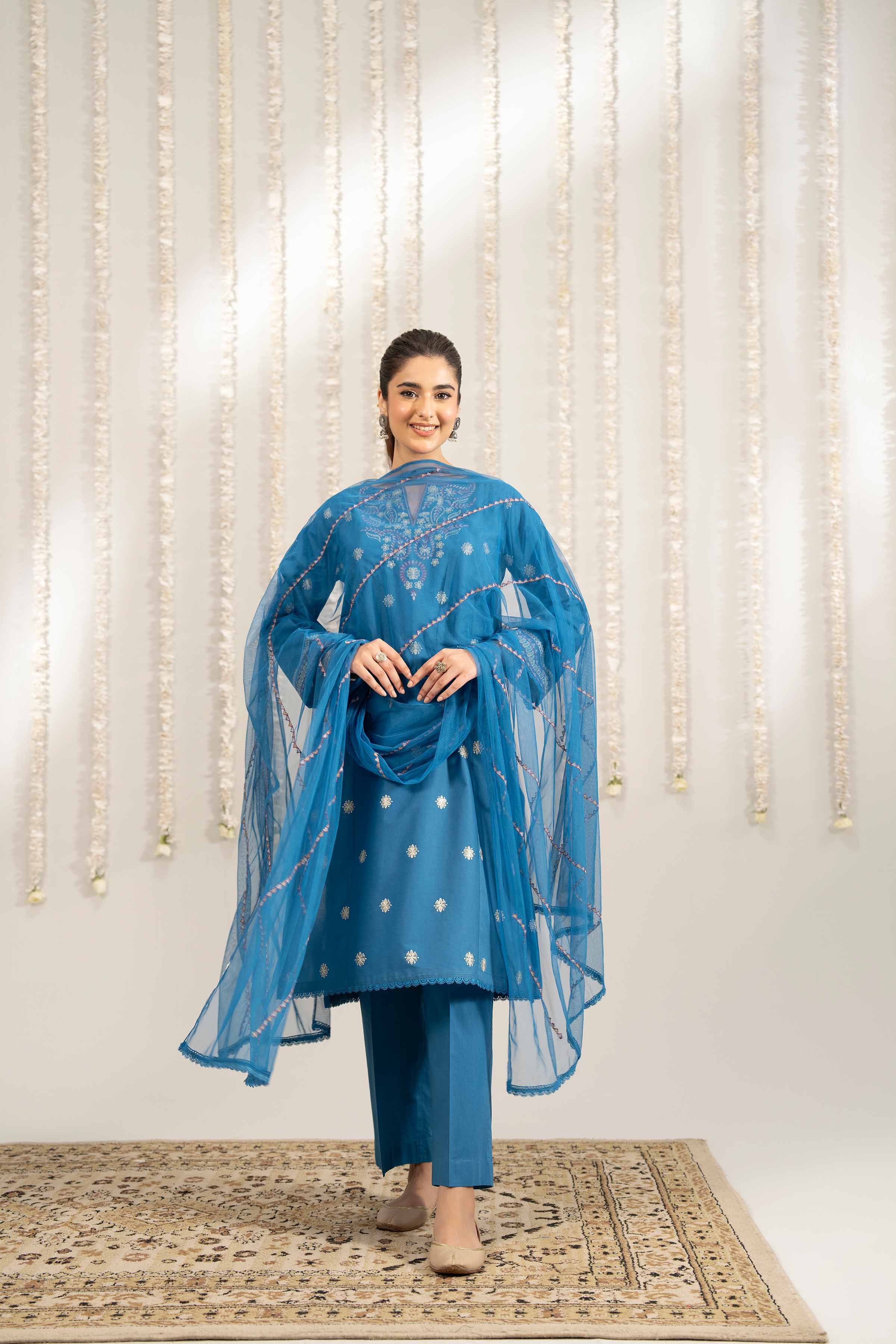 3 Piece - Embroidered Suit - PE25-481 READY TO WEAR Blue Cambric 3PC Embroidered