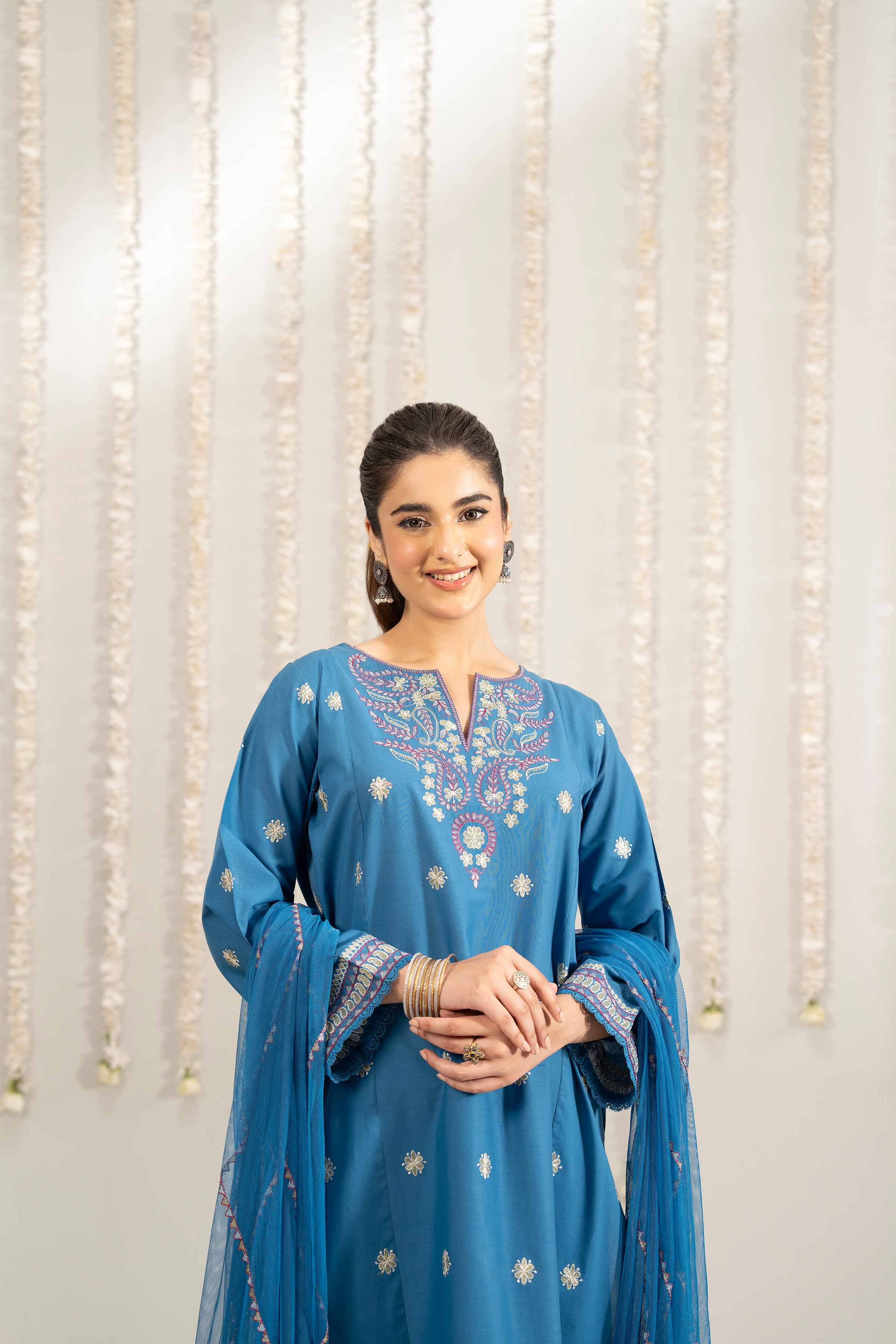 3 Piece - Embroidered Suit - PE25-481 READY TO WEAR Blue Cambric 3PC Embroidered