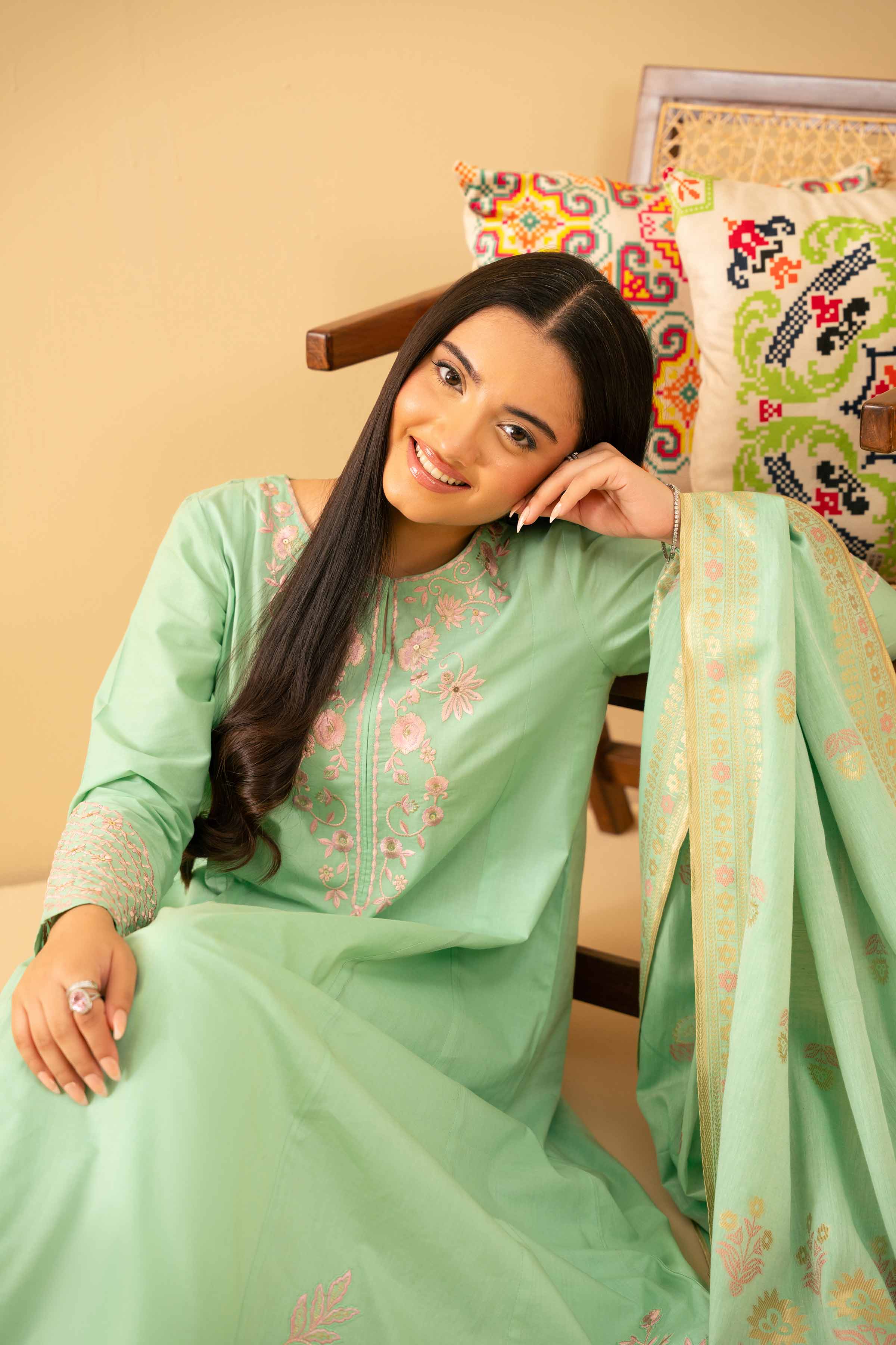 3 Piece - Embroidered Suit - PE25-500 READY TO WEAR Green Cambric 3PC Embroidered