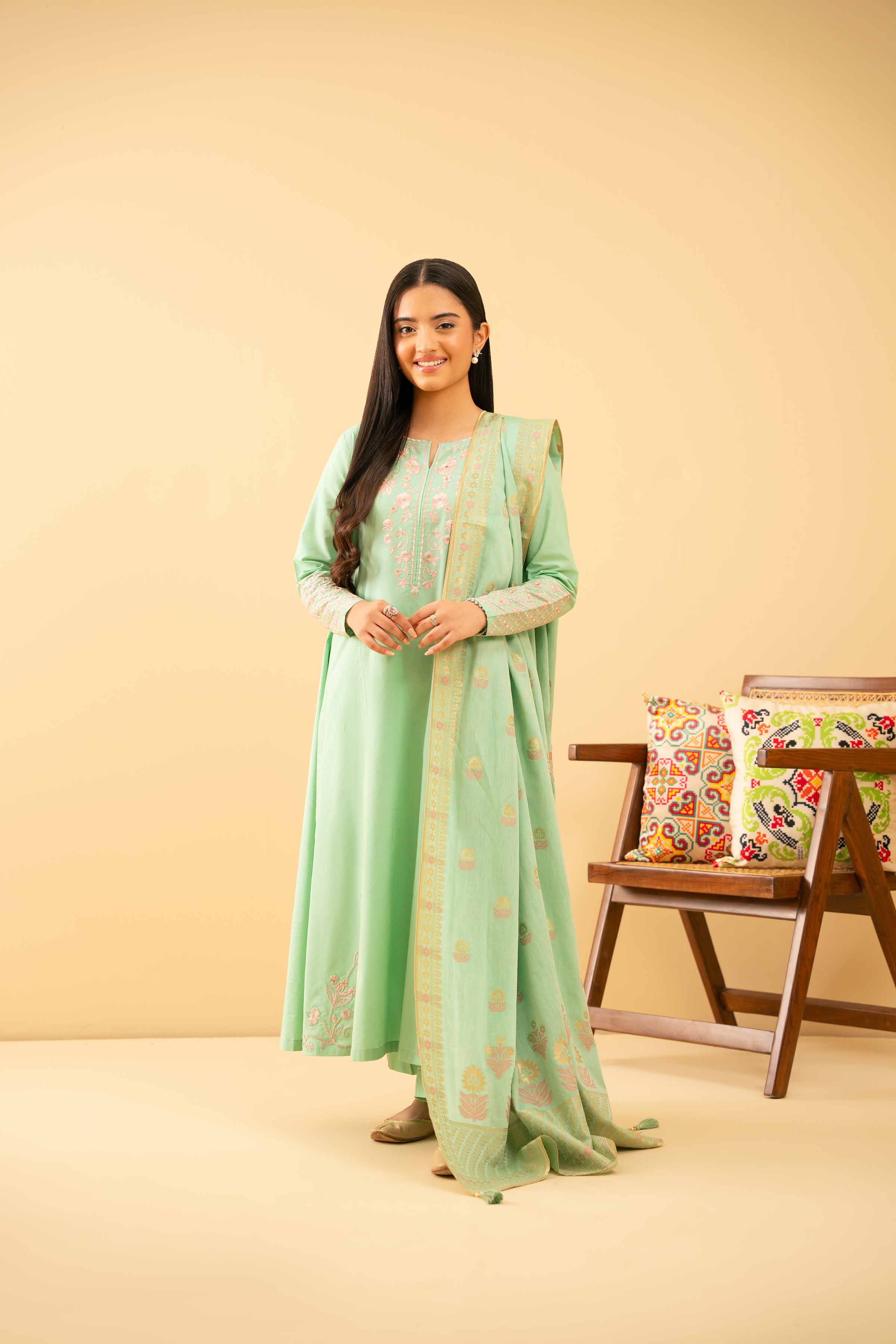 3 Piece - Embroidered Suit - PE25-500 READY TO WEAR Green Cambric 3PC Embroidered