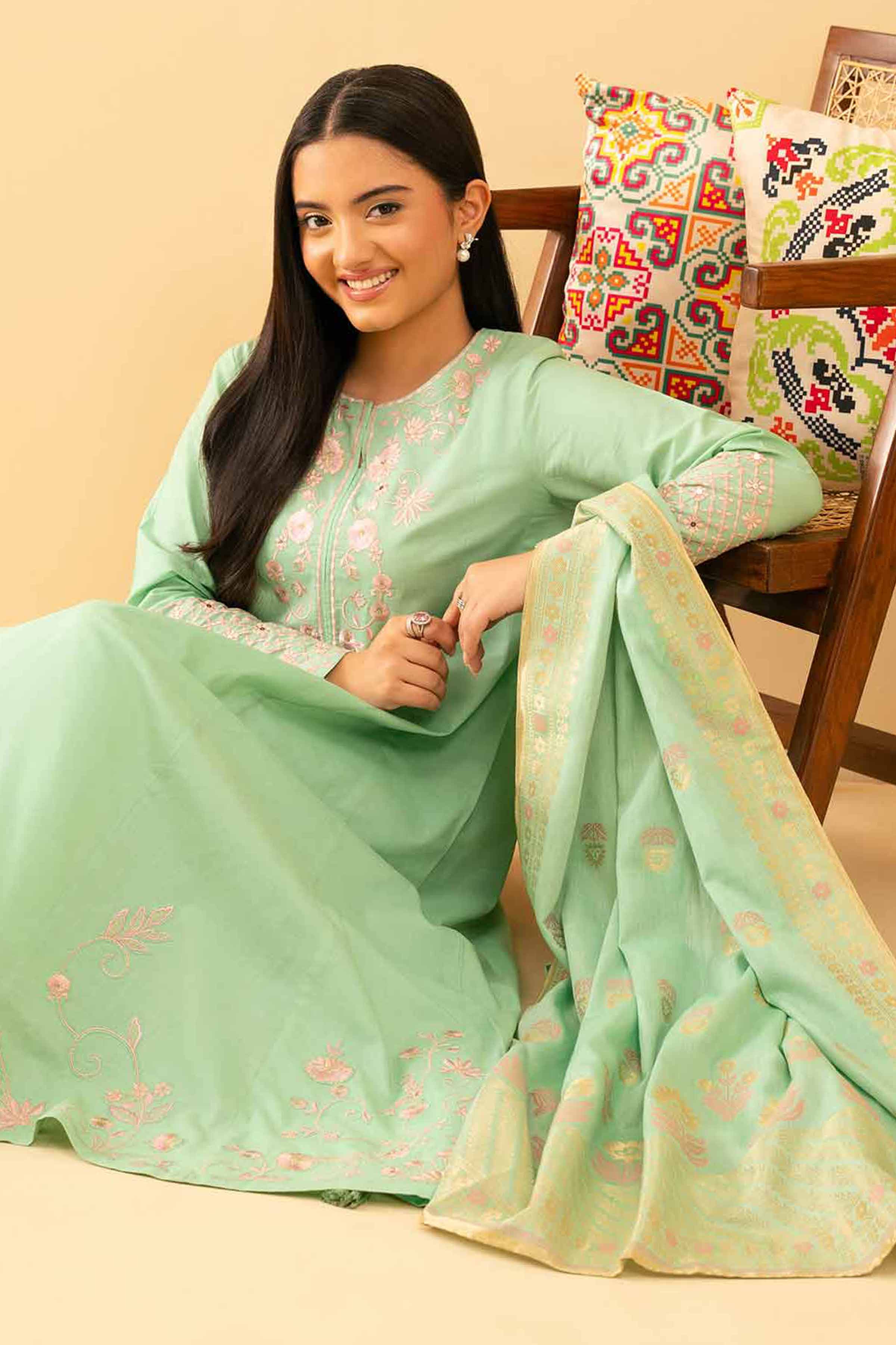 3 Piece - Embroidered Suit - PE25-500 READY TO WEAR Green Cambric 3PC Embroidered