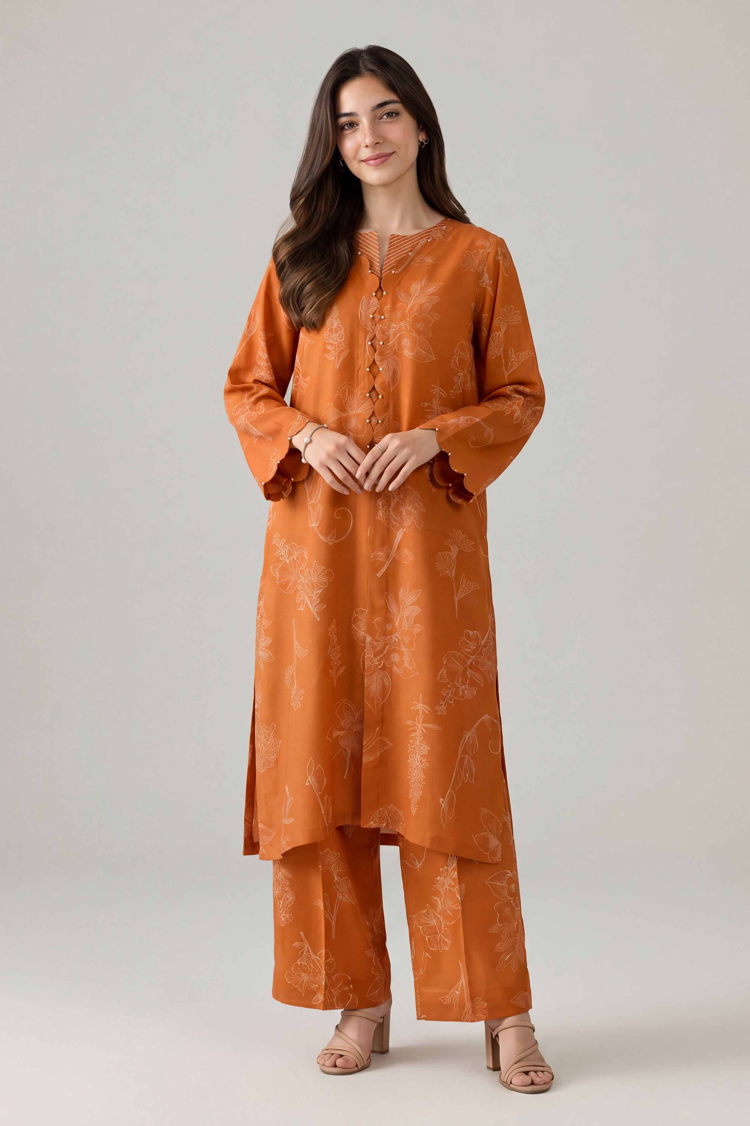 2 Piece - Printed  Suit - PE26-157 Orange Silk 2PC Printed Nishat Australia