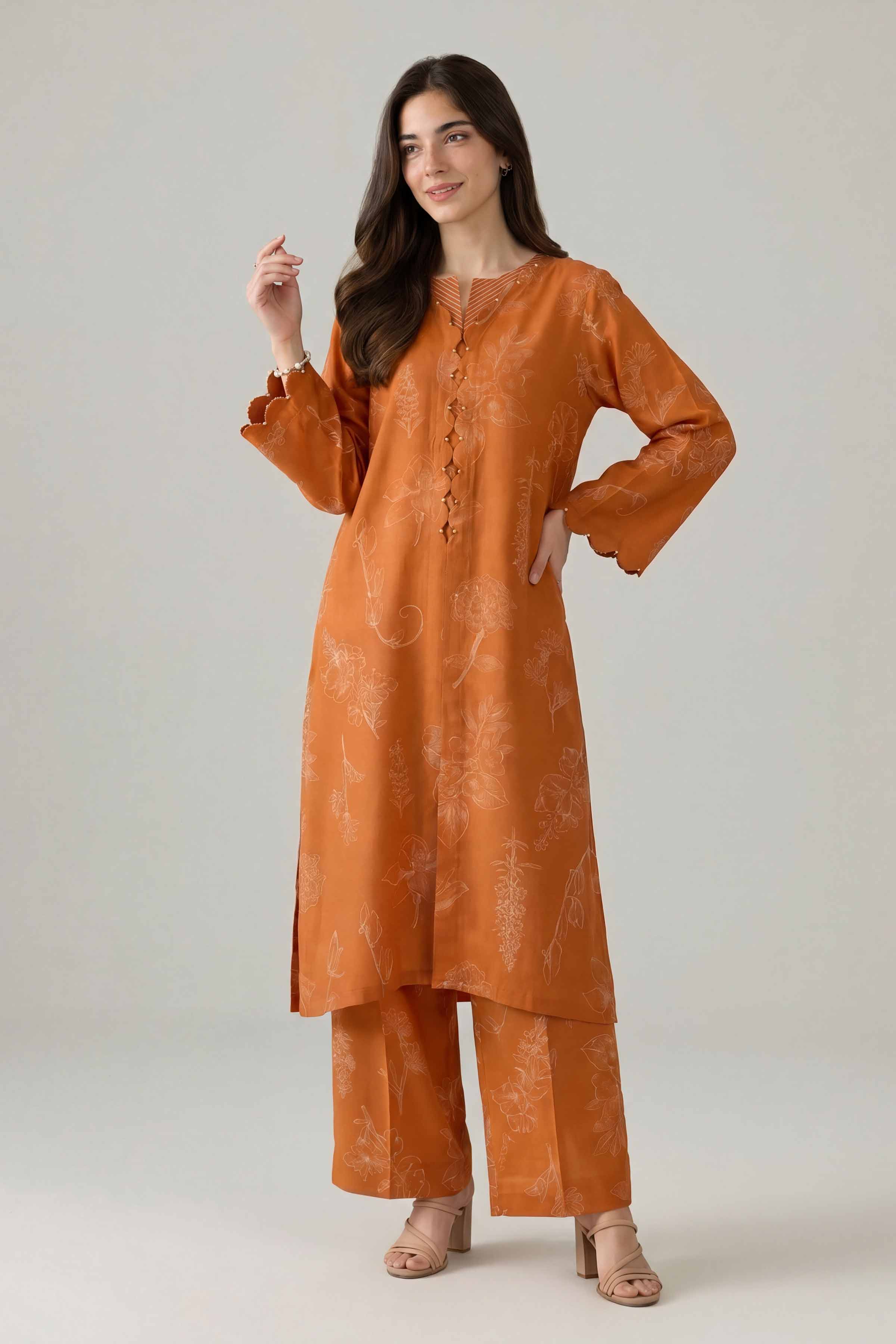2 Piece - Printed  Suit - PE26-157 Orange Silk 2PC Printed Nishat Australia
