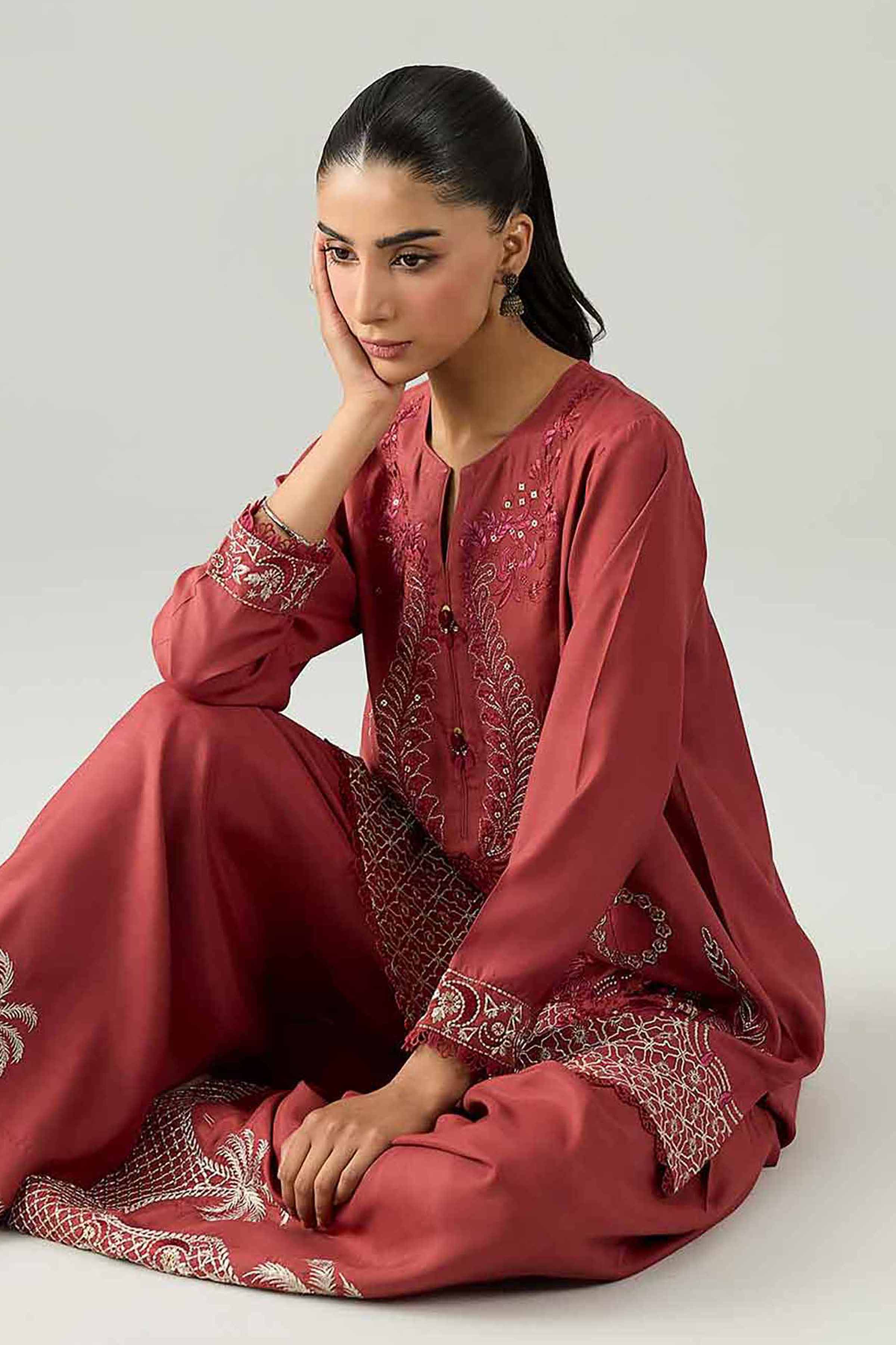 2 Piece - Embroidered Suit - PE26-259 Maroon Silk 2PC Embroidered Nishat Australia