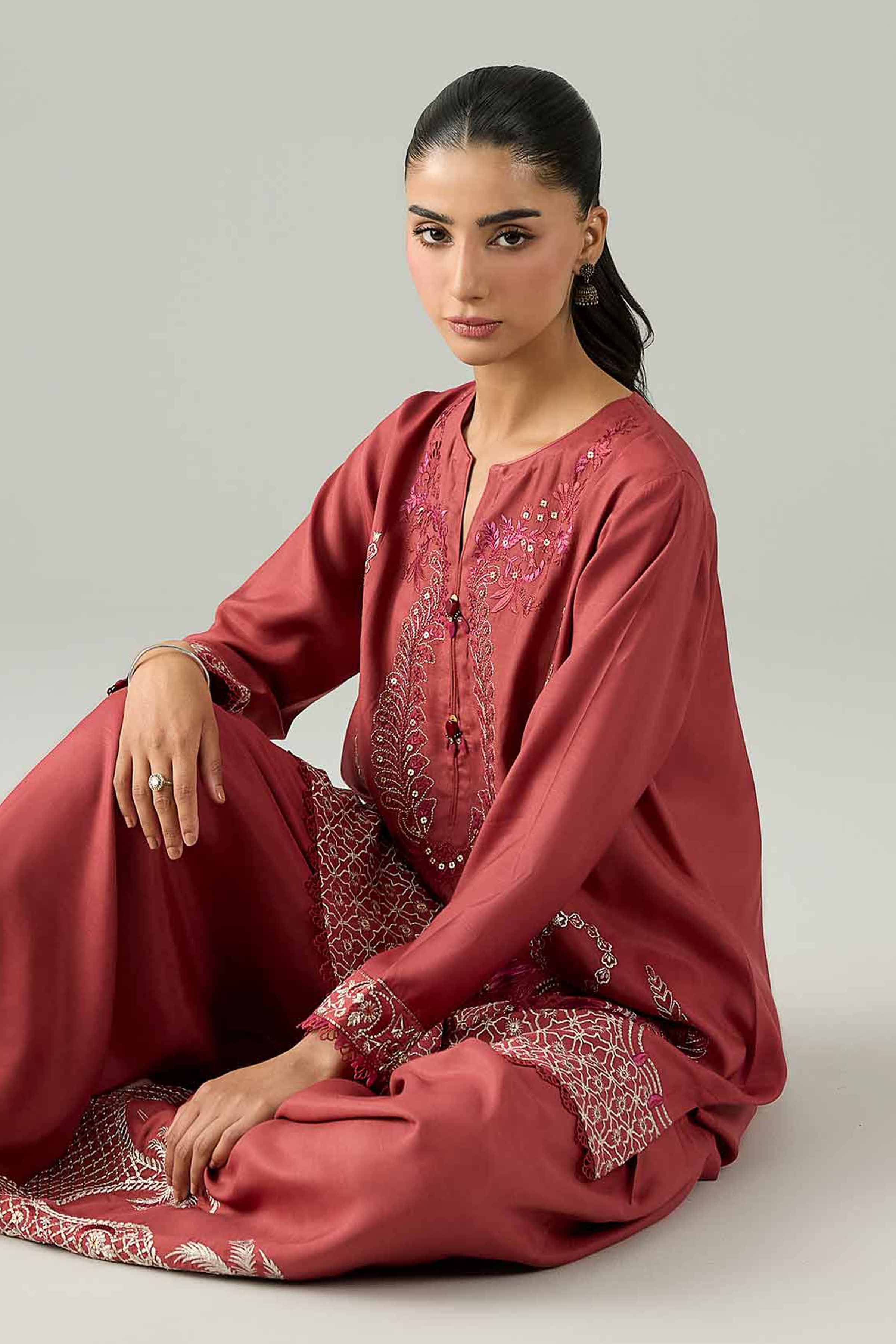2 Piece - Embroidered Suit - PE26-259 Maroon Silk 2PC Embroidered Nishat Australia