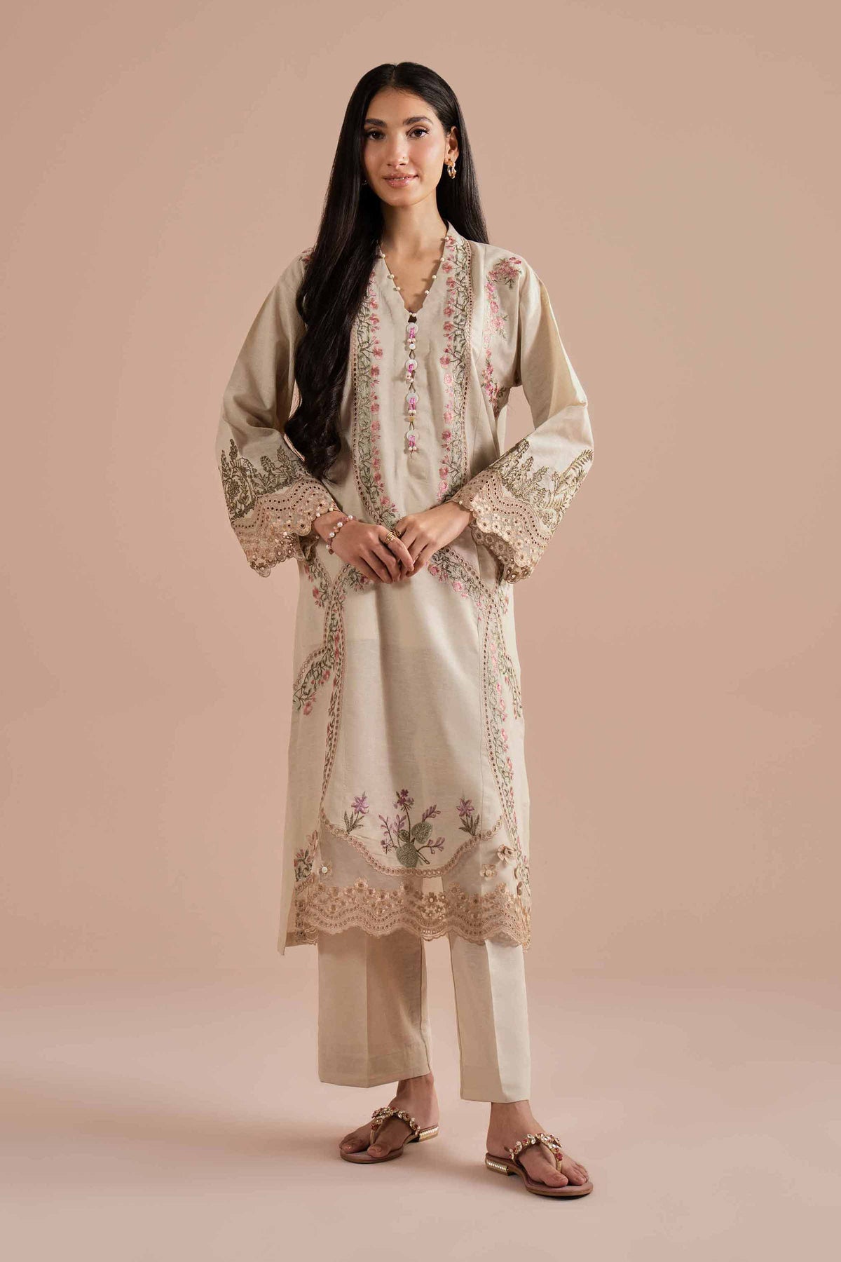 2 Piece - Embroidered Suit - PE26-48 Beige Linen 2PC Embroidered Nishat Australia