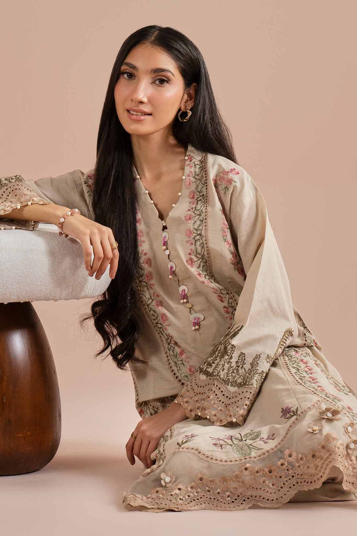 2 Piece - Embroidered Suit - PE26-48 Beige Linen 2PC Embroidered Nishat Australia