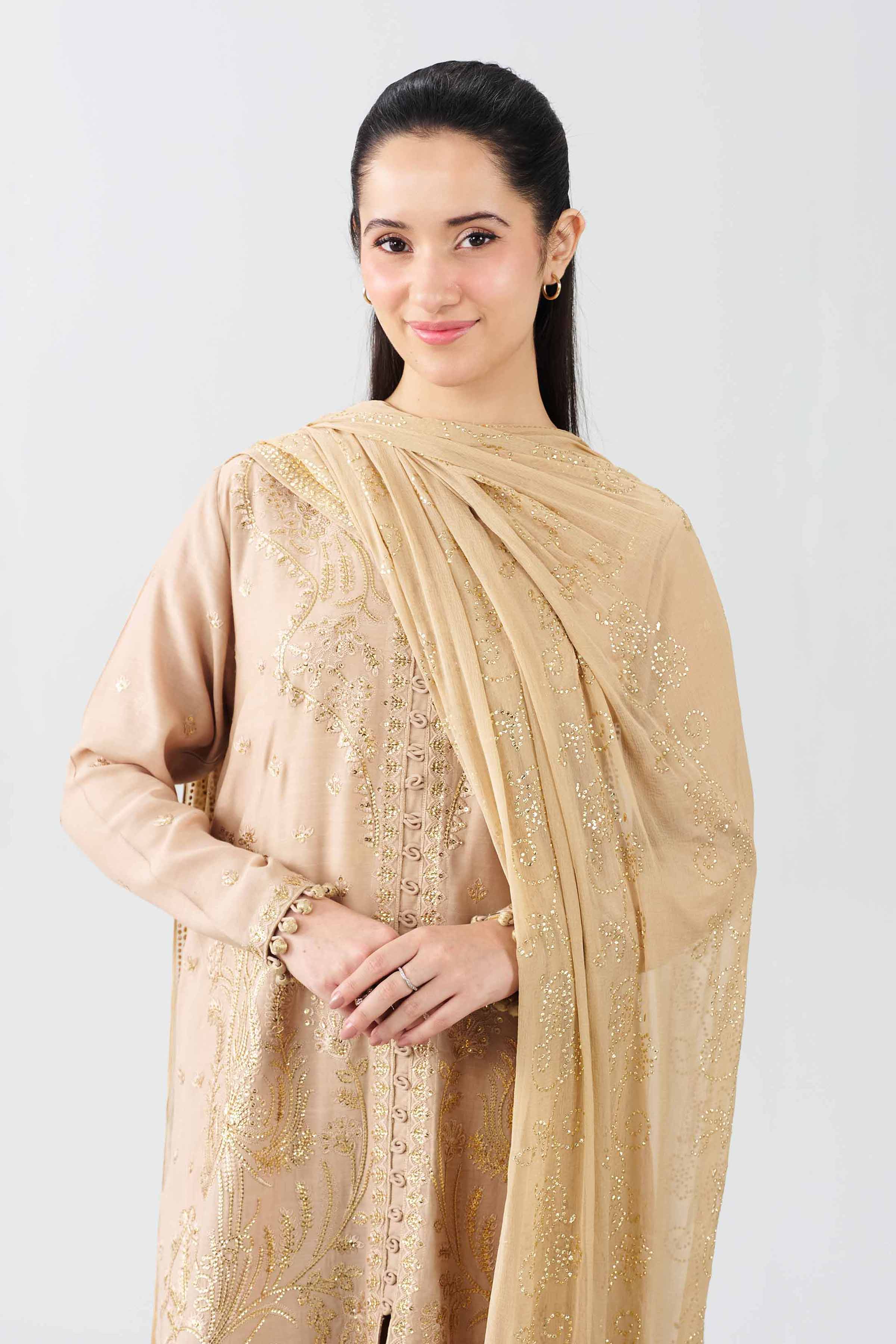 3 Piece - Embroidered Suit - PE26-600 Beige Raw Silk 3PC Embroidered Nishat Australia