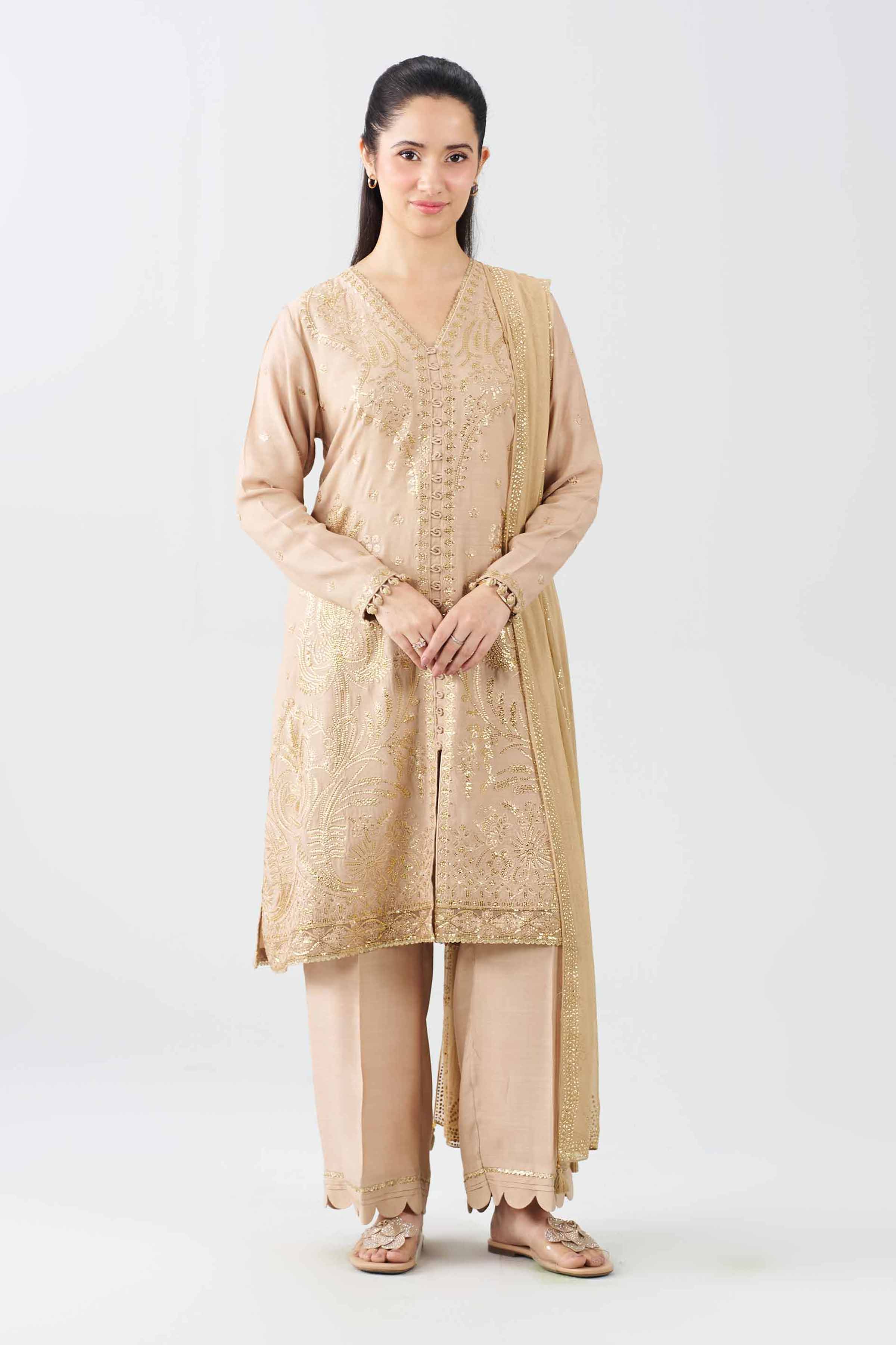 3 Piece - Embroidered Suit - PE26-600 Beige Raw Silk 3PC Embroidered Nishat Australia
