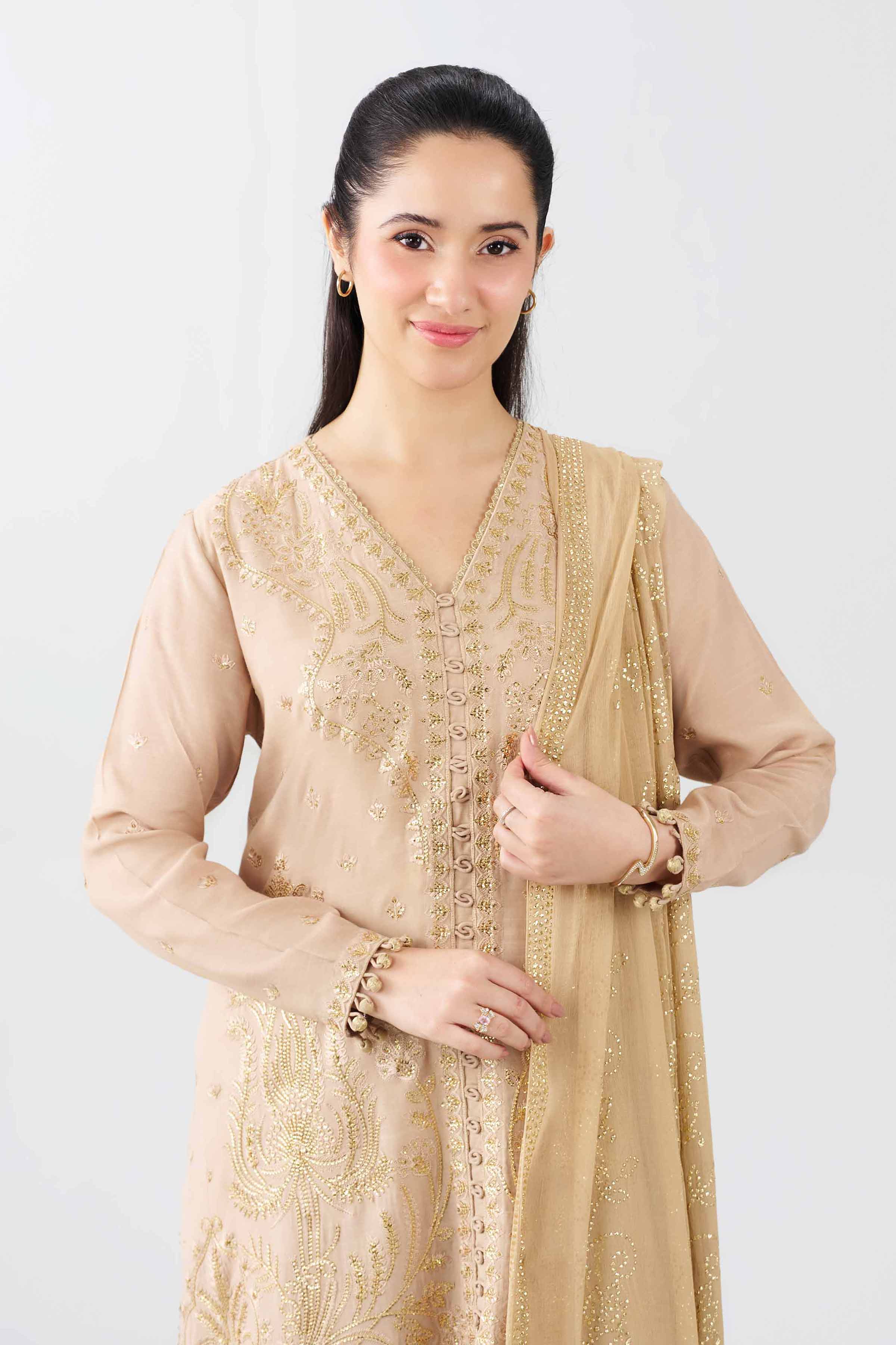 3 Piece - Embroidered Suit - PE26-600 Beige Raw Silk 3PC Embroidered Nishat Australia