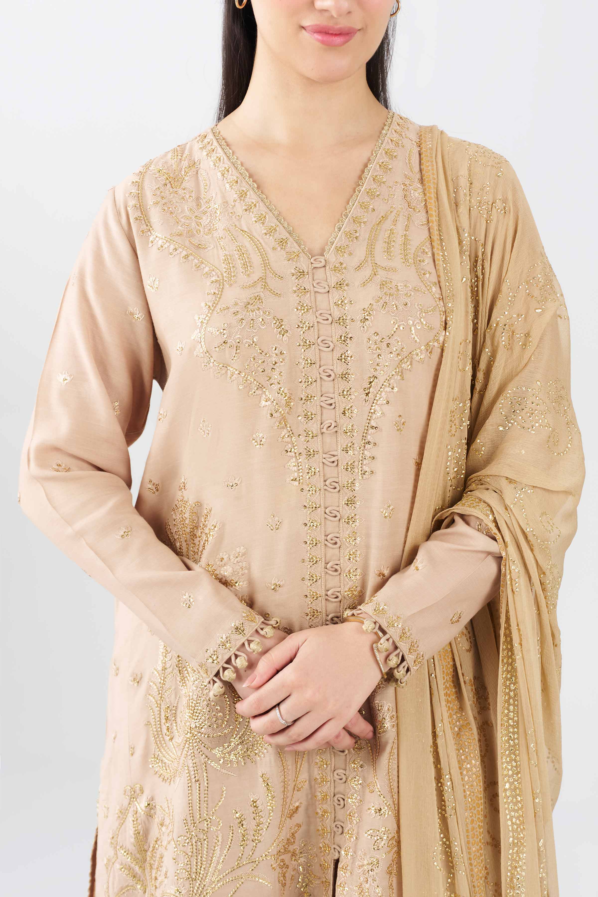 3 Piece - Embroidered Suit - PE26-600 Beige Raw Silk 3PC Embroidered Nishat Australia