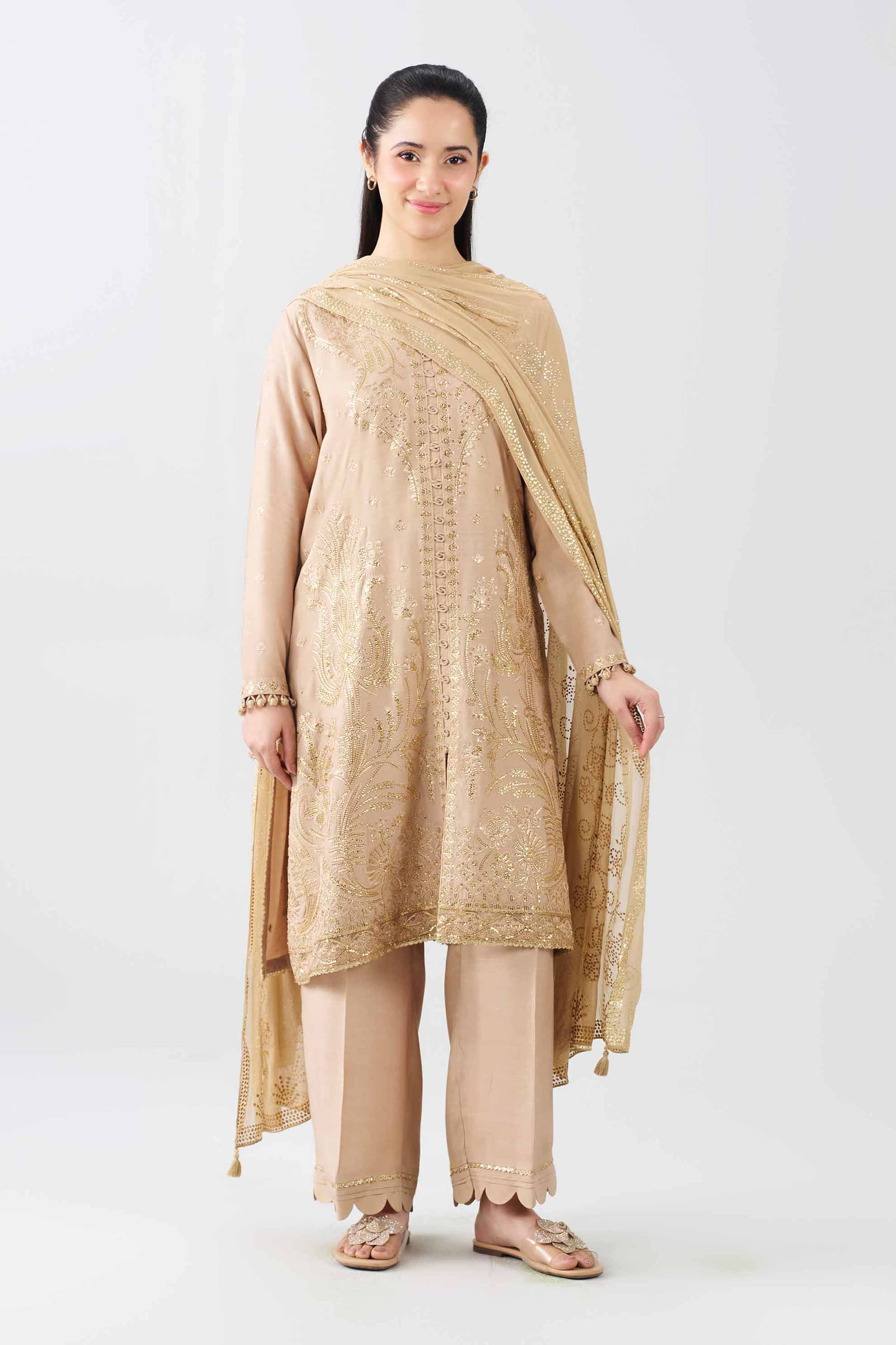 3 Piece - Embroidered Suit - PE26-600 Beige Raw Silk 3PC Embroidered Nishat Australia