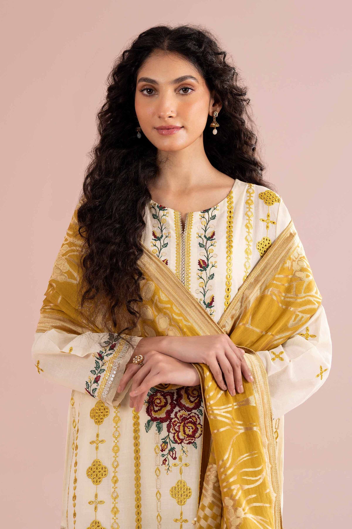 3 Piece - Embroidered Suit - PE26-75 Yellow Slub Base 3PC Embroidered Nishat Australia