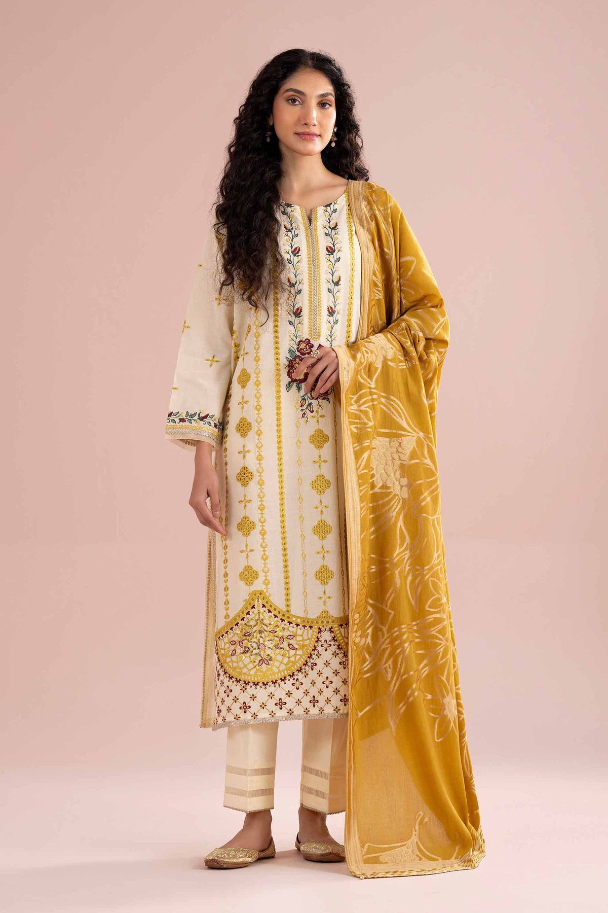 3 Piece - Embroidered Suit - PE26-75 Yellow Slub Base 3PC Embroidered Nishat Australia