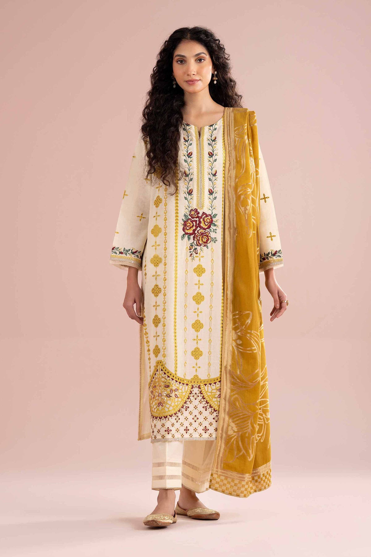 3 Piece - Embroidered Suit - PE26-75 Yellow Slub Base 3PC Embroidered Nishat Australia