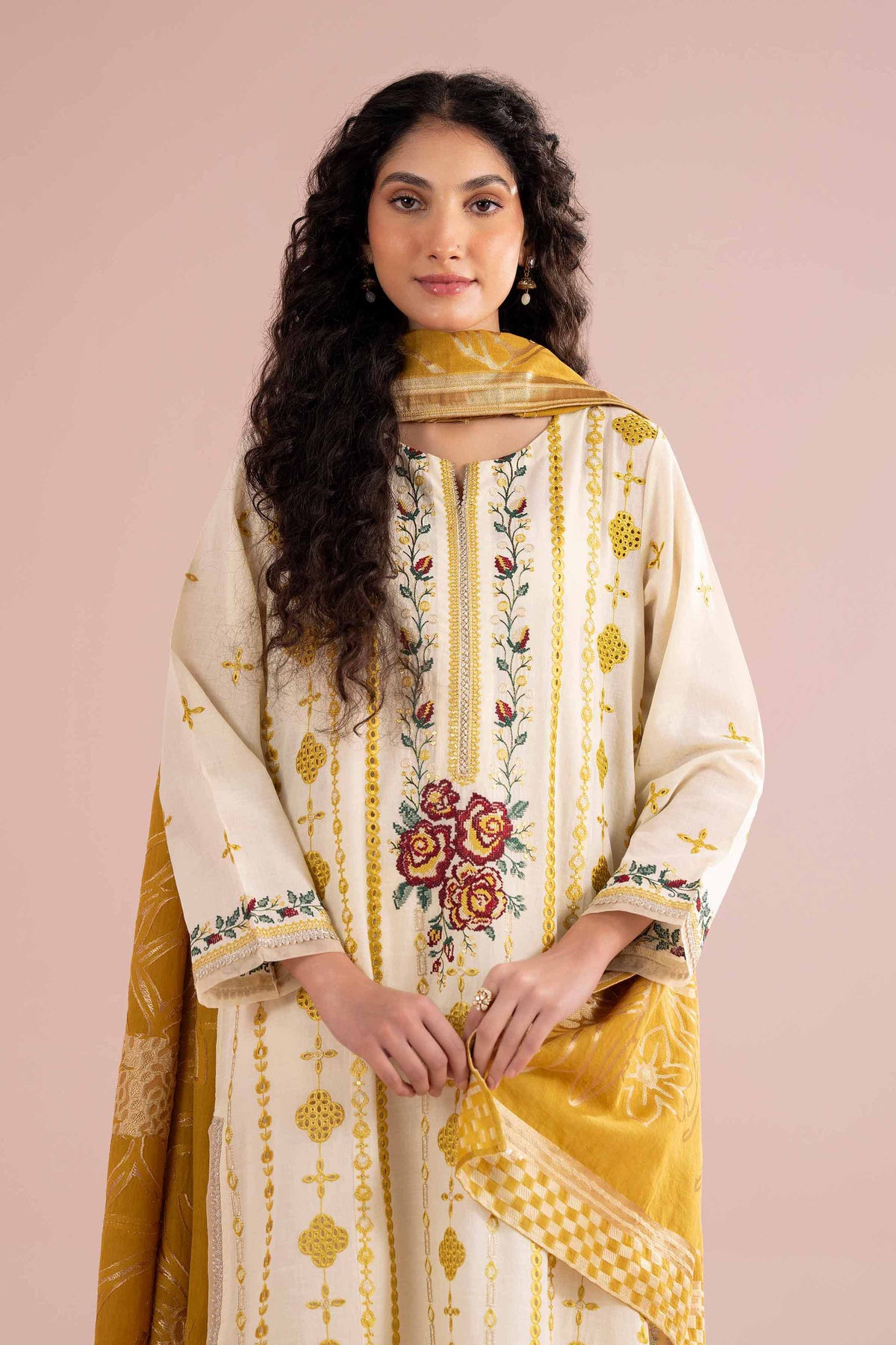 3 Piece - Embroidered Suit - PE26-75 Yellow Slub Base 3PC Embroidered Nishat Australia