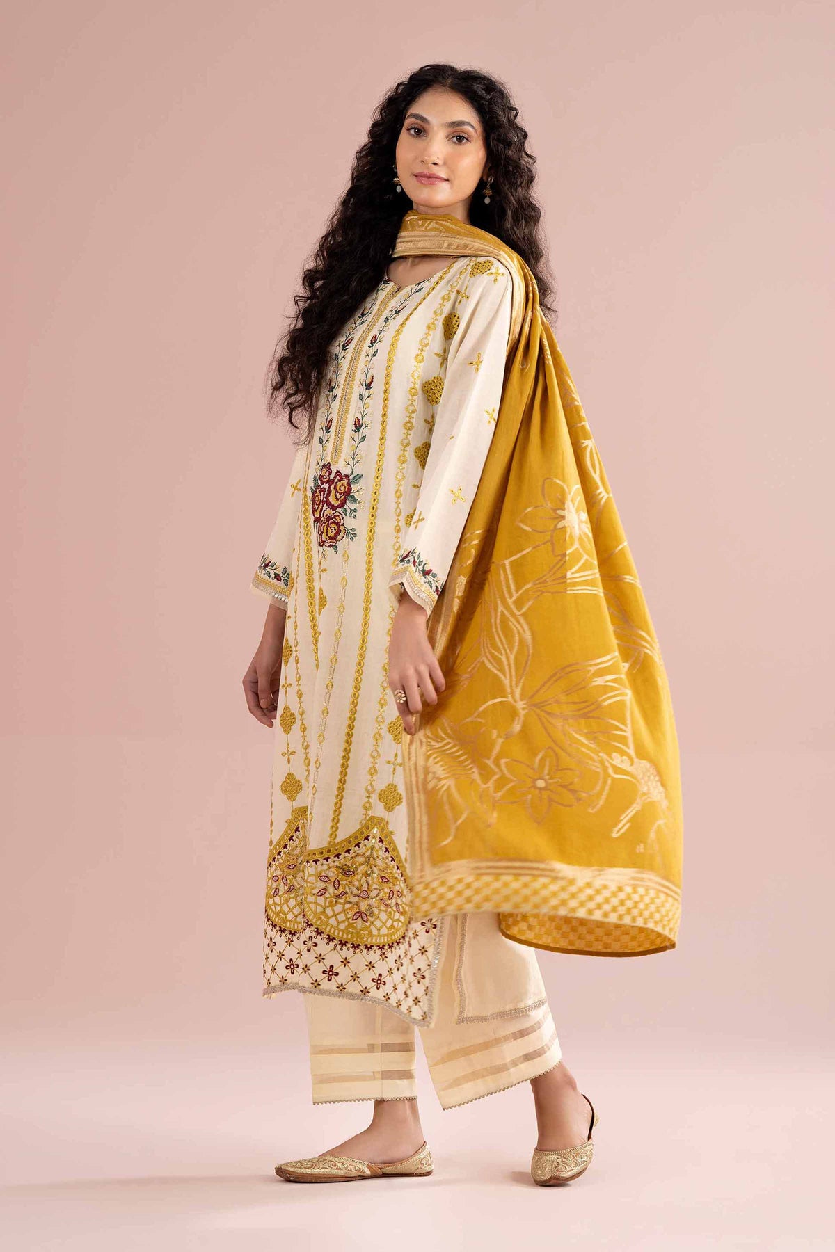 3 Piece - Embroidered Suit - PE26-75 Yellow Slub Base 3PC Embroidered Nishat Australia