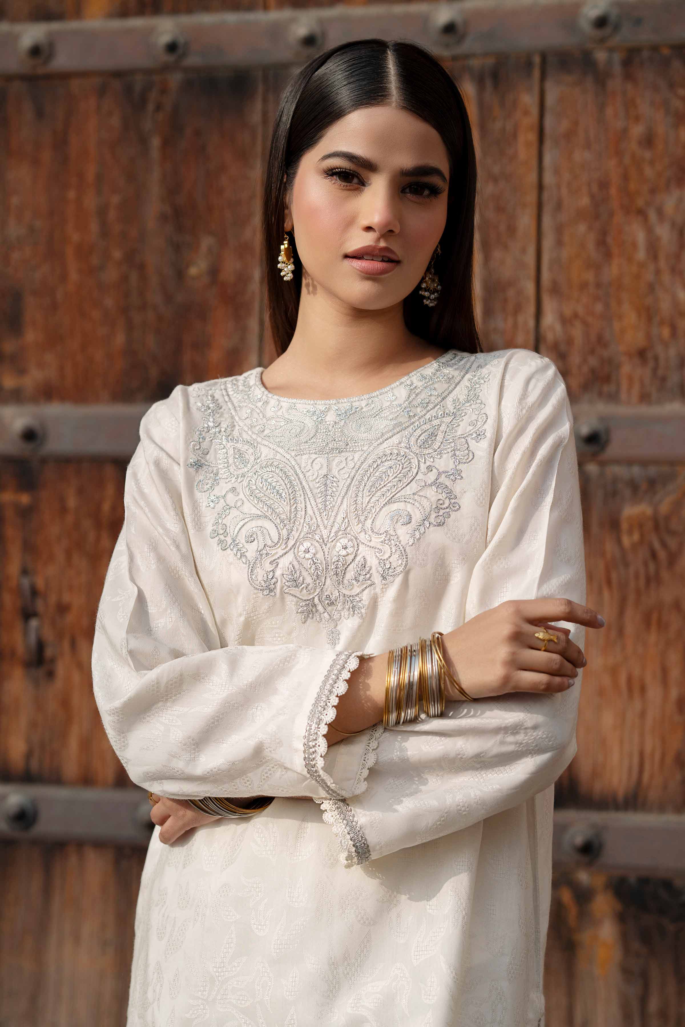 2 Piece - Embroidered Suit - PFE25-14 READY TO WEAR White Jacquard 2PC Embroidered