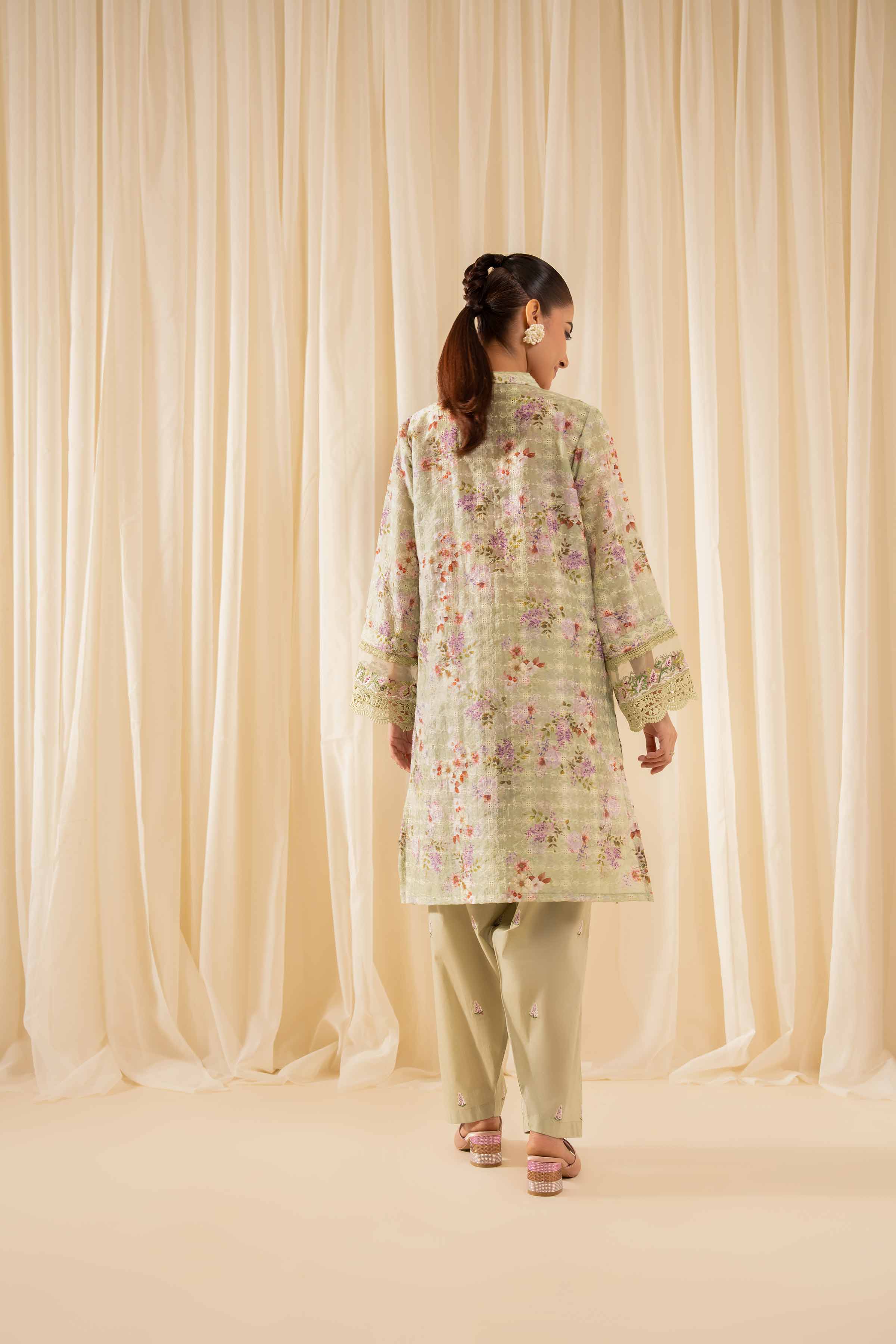 2 Piece - Printed Embroidered Suit - PFE25-34 READY TO WEAR Green Silk 2PC Embroidered
