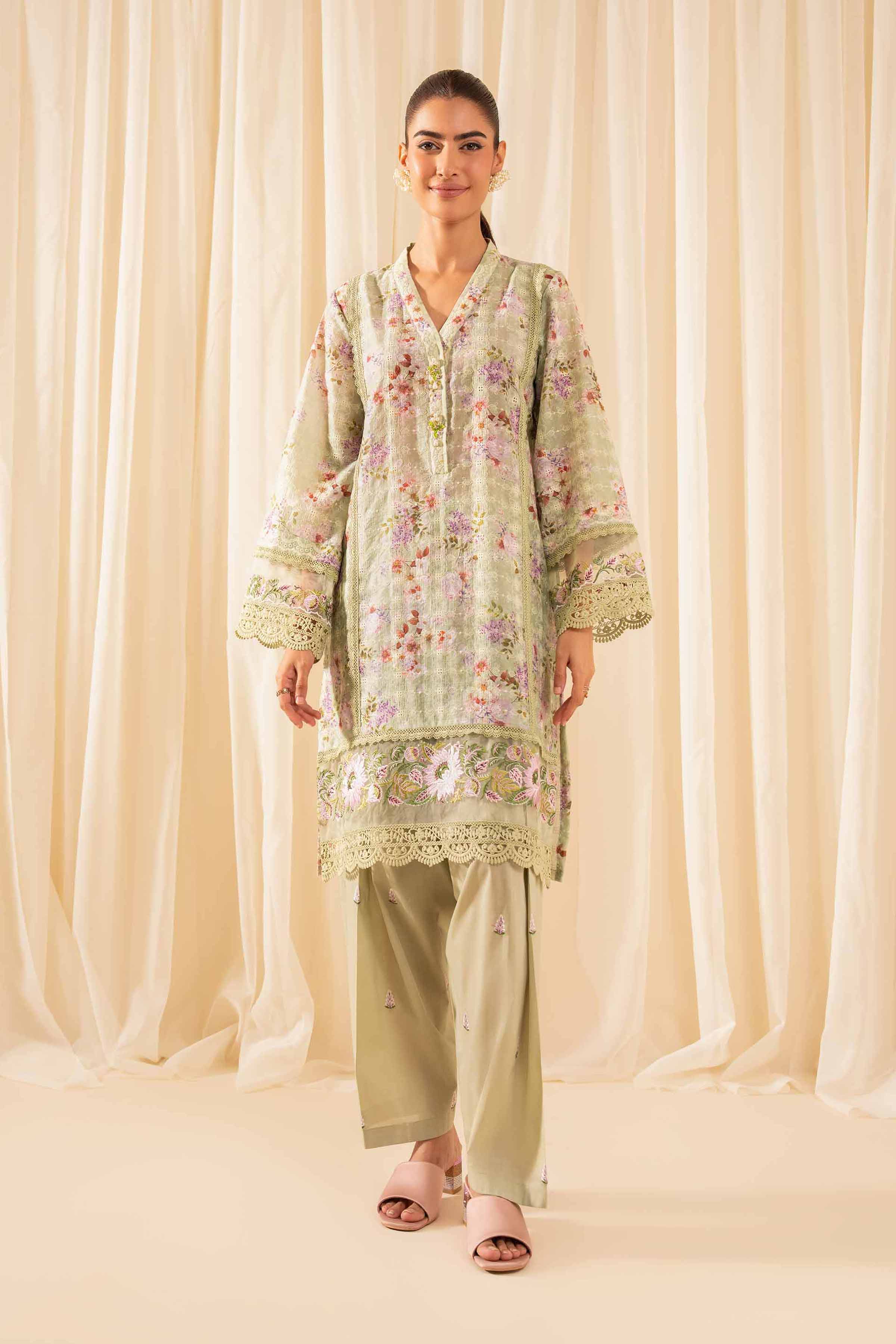 2 Piece - Printed Embroidered Suit - PFE25-34 READY TO WEAR Green Silk 2PC Embroidered