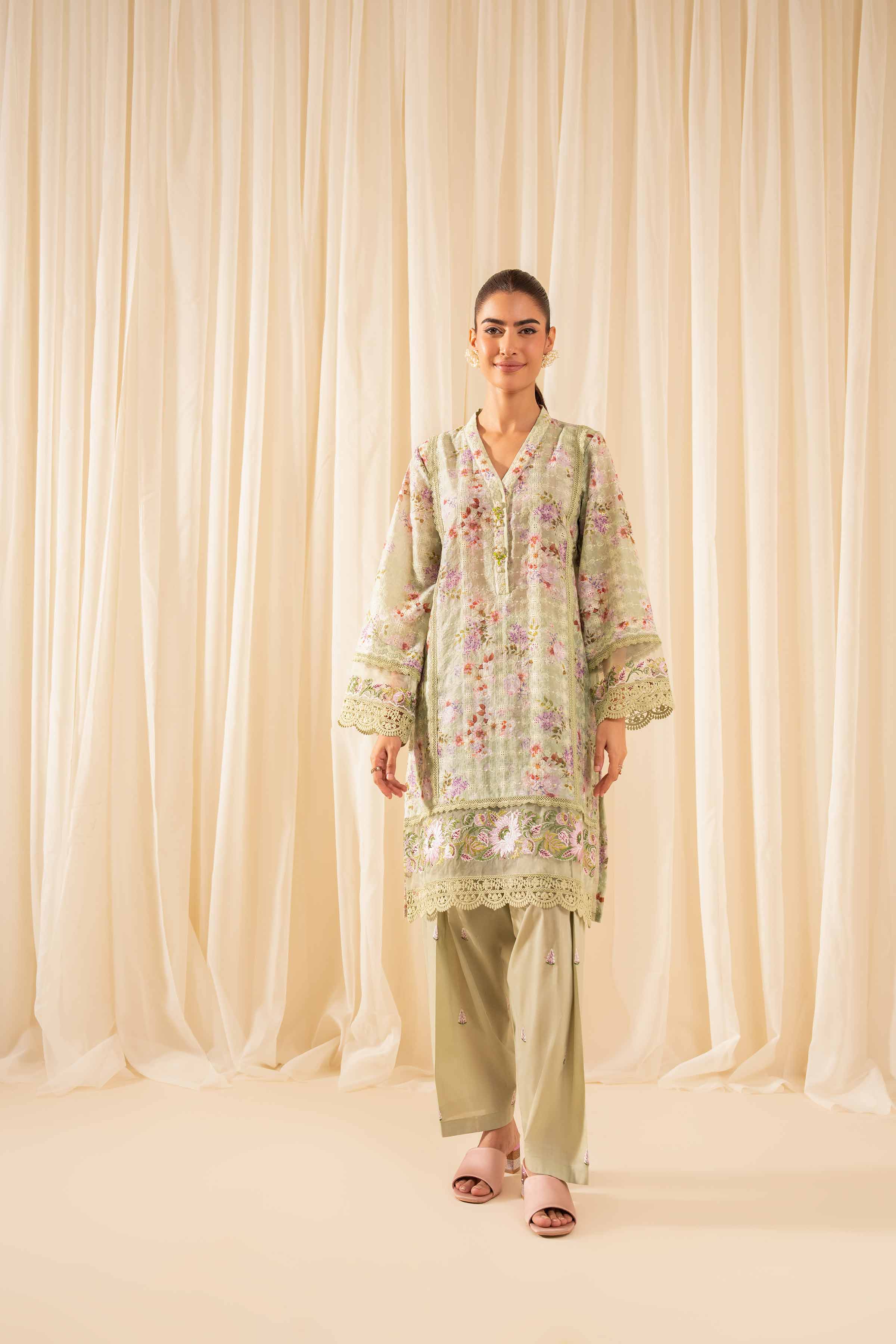 2 Piece - Printed Embroidered Suit - PFE25-34 READY TO WEAR Green Silk 2PC Embroidered