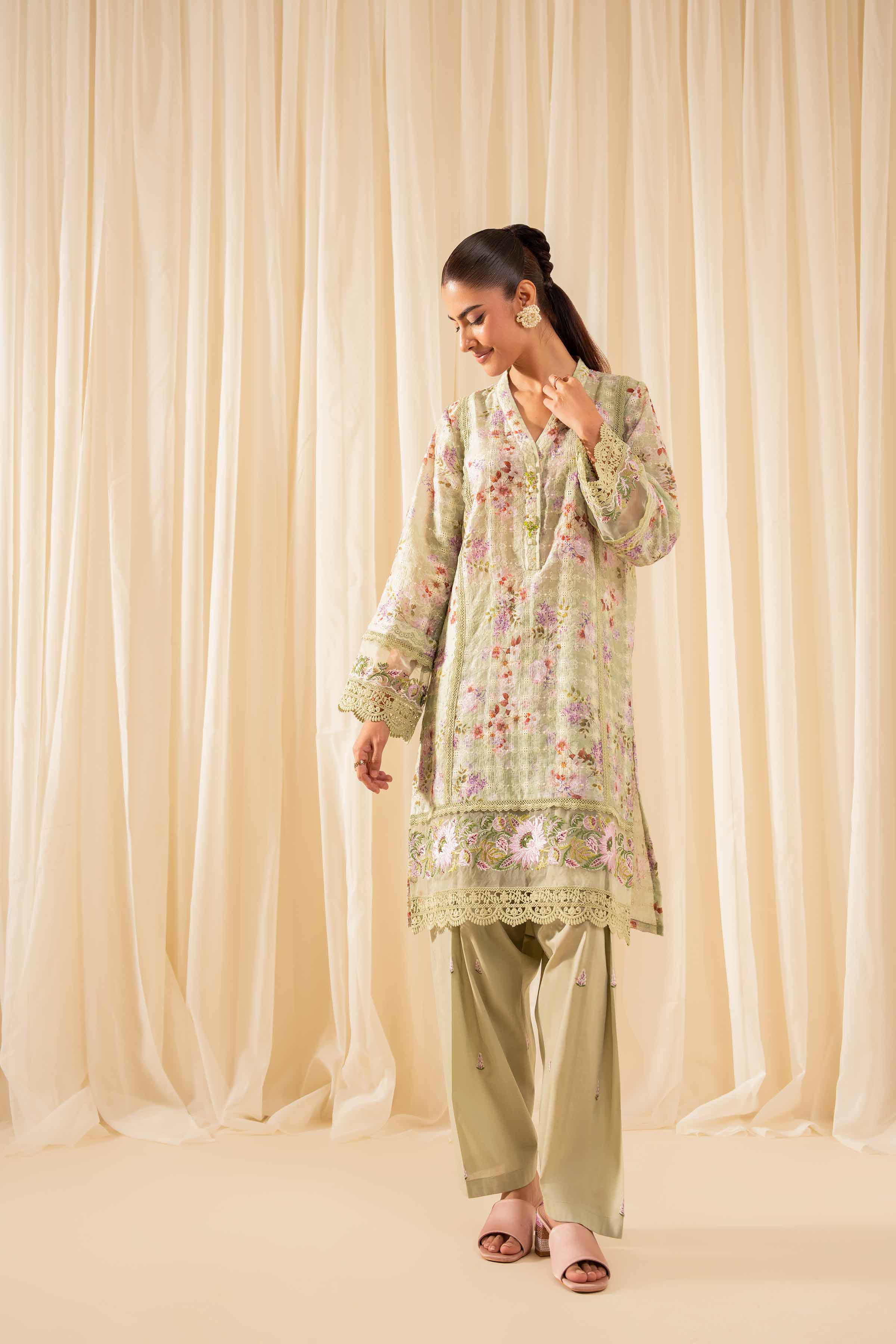 2 Piece - Printed Embroidered Suit - PFE25-34 READY TO WEAR Green Silk 2PC Embroidered