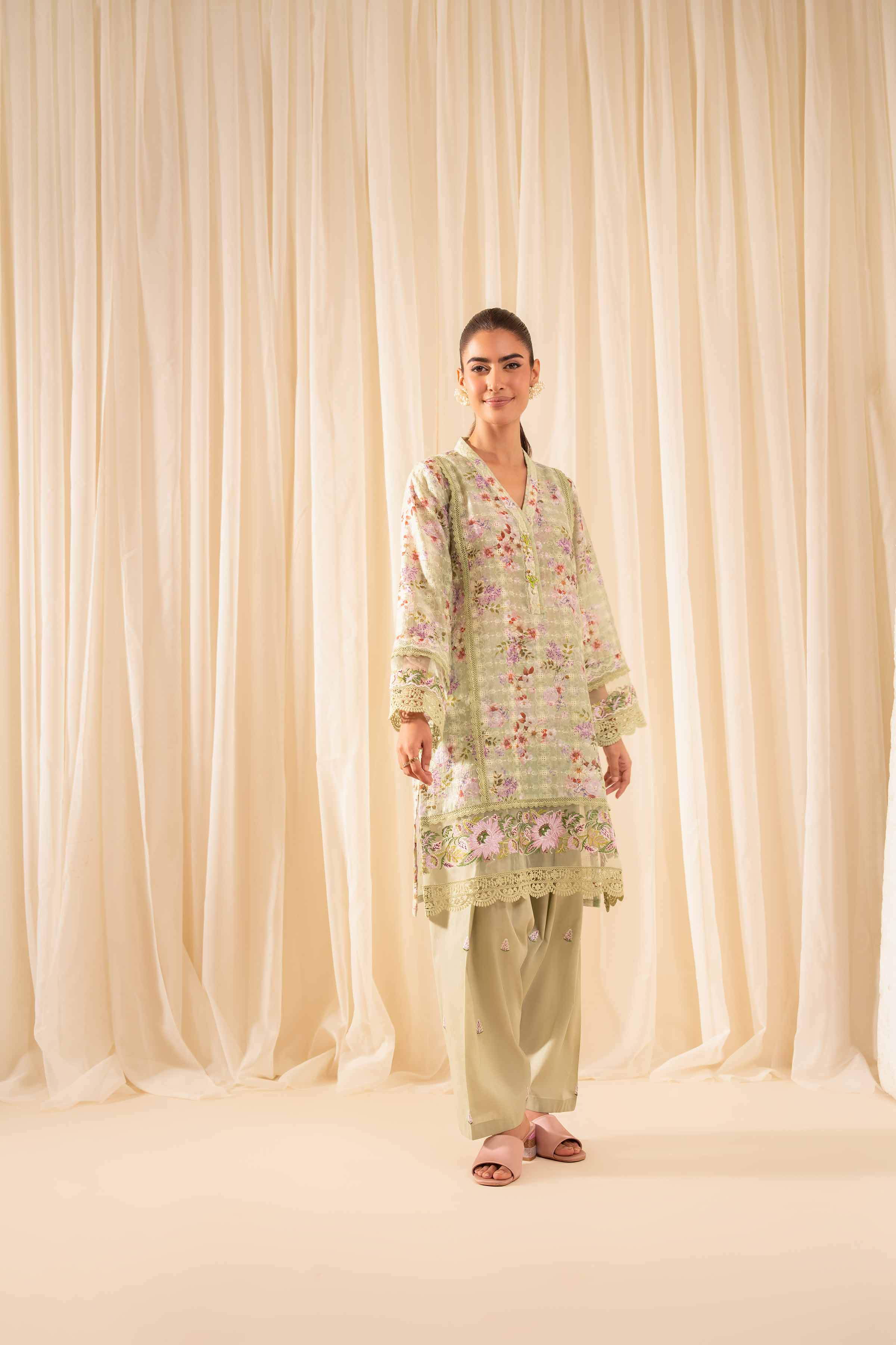 2 Piece - Printed Embroidered Suit - PFE25-34 READY TO WEAR Green Silk 2PC Embroidered