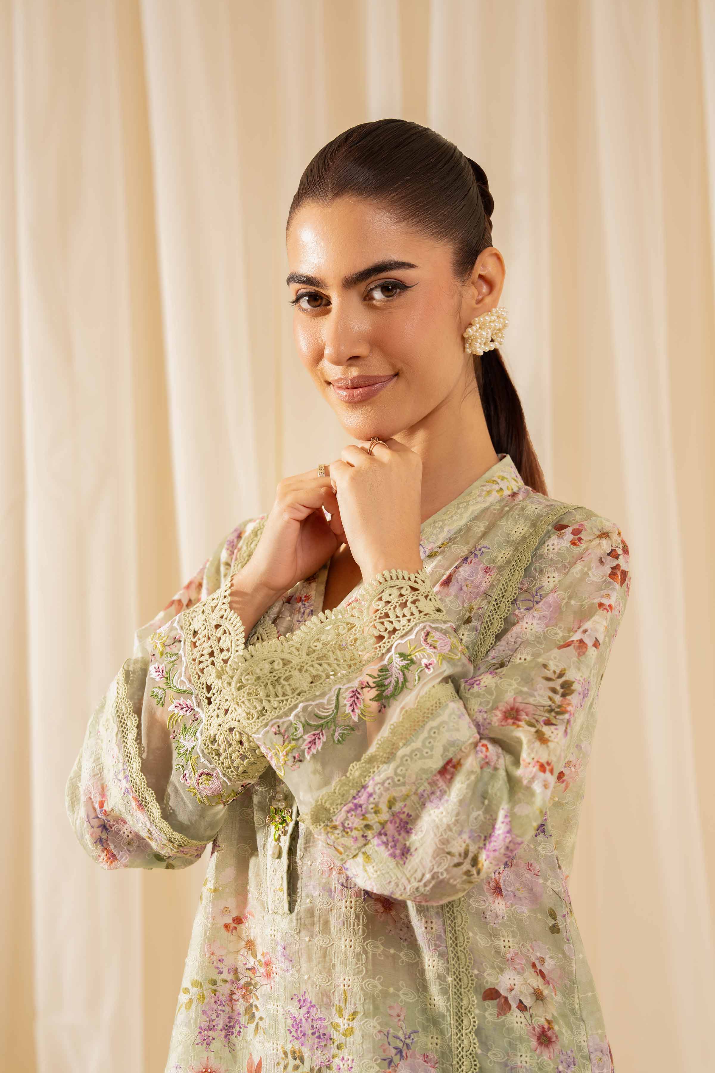 2 Piece - Printed Embroidered Suit - PFE25-34 READY TO WEAR Green Silk 2PC Embroidered