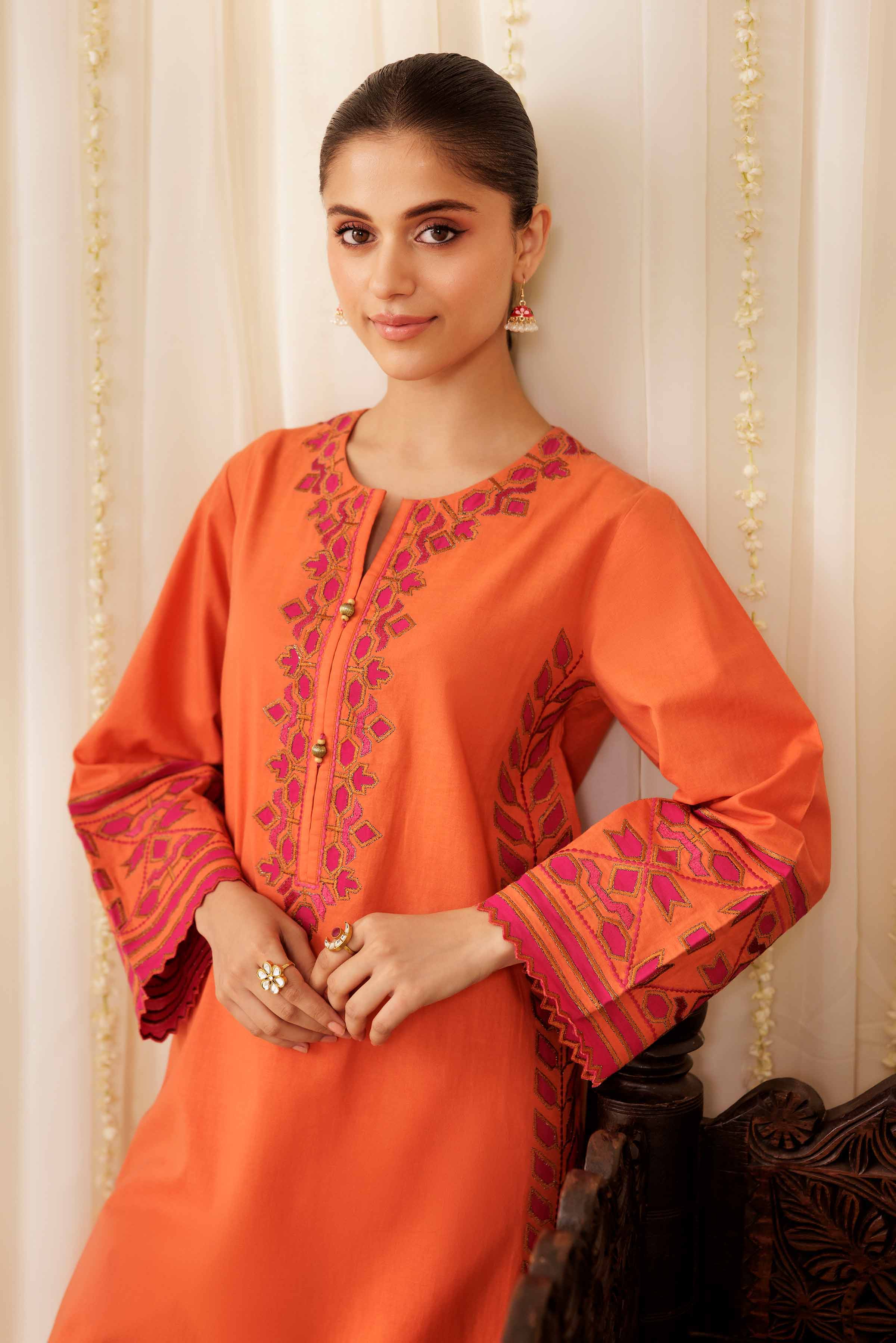 2 Piece - Embroidered Suit - PFE25-43 READY TO WEAR Orange Cambric 2PC Embroidered