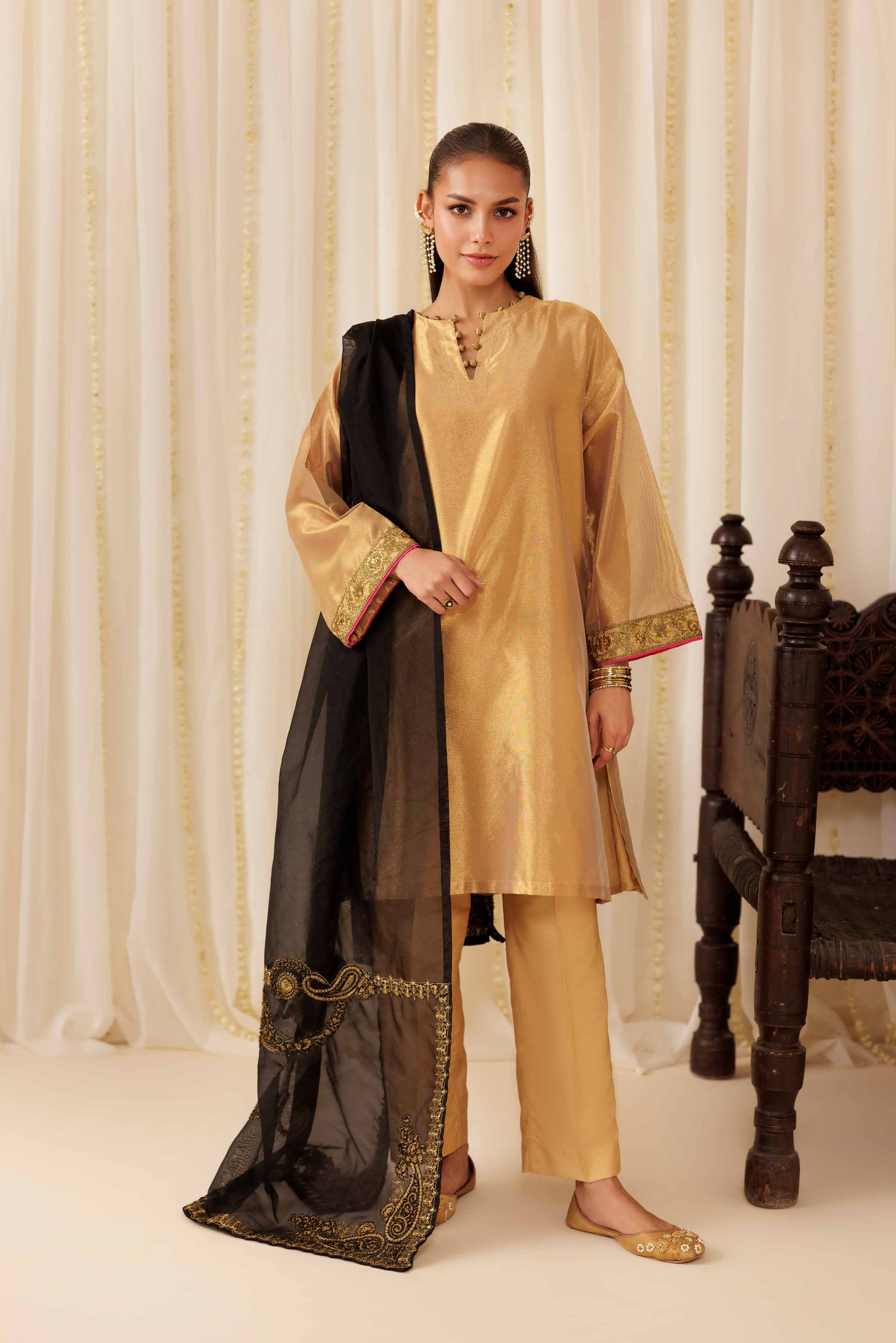 3 Piece - Embroidered Suit - PFE25-49 READY TO WEAR Yellow Silk 3 Pieces Embroidered