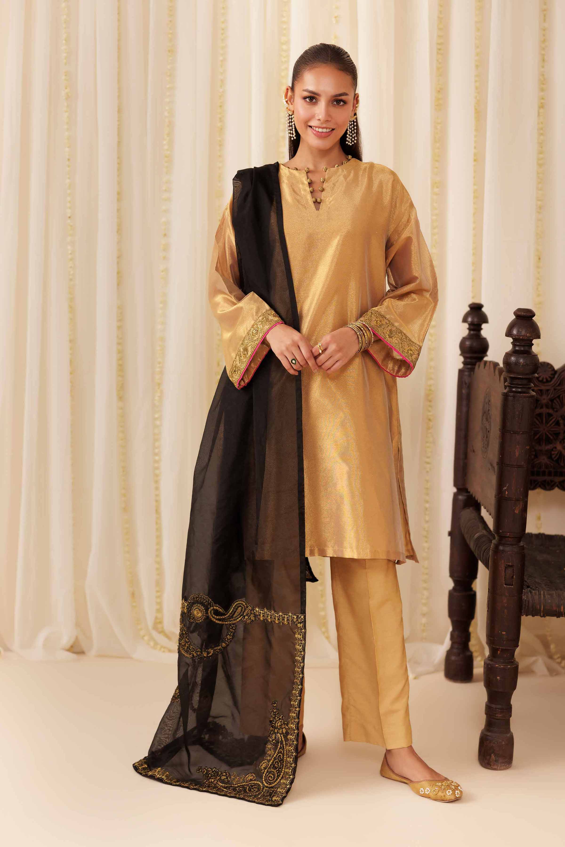 3 Piece - Embroidered Suit - PFE25-49 READY TO WEAR Yellow Silk 3 Pieces Embroidered