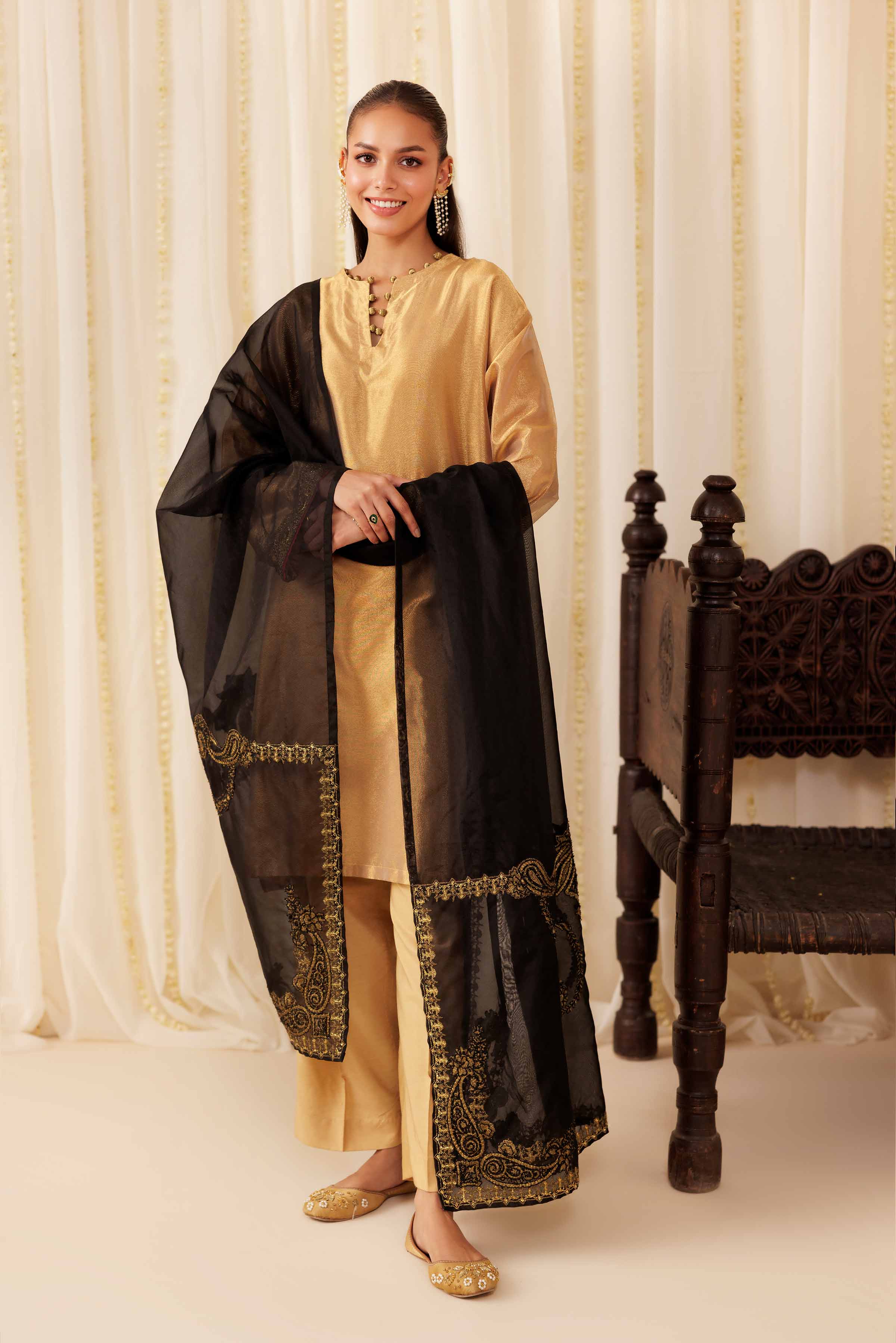 3 Piece - Embroidered Suit - PFE25-49 READY TO WEAR Yellow Silk 3 Pieces Embroidered