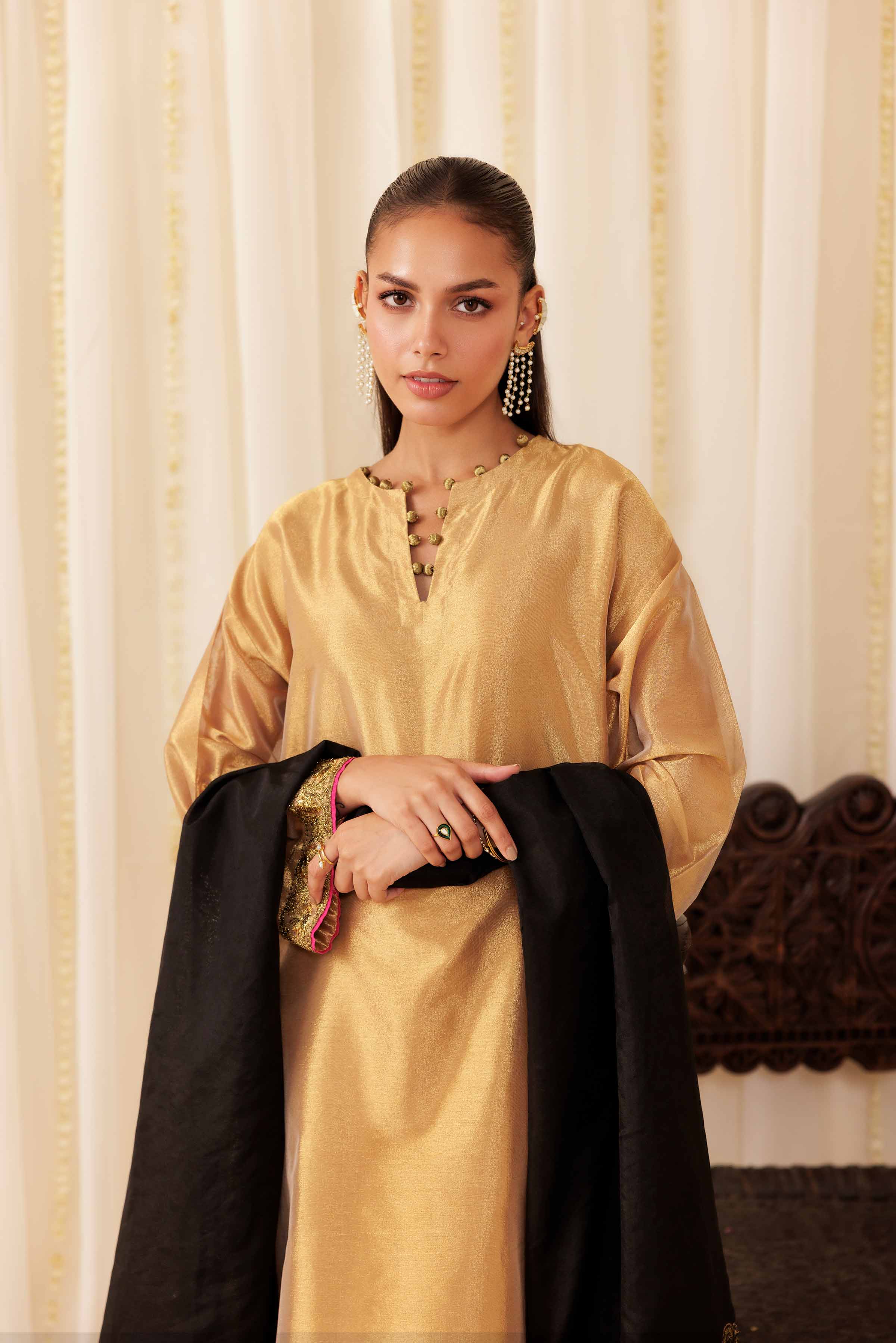 3 Piece - Embroidered Suit - PFE25-49 READY TO WEAR Yellow Silk 3 Pieces Embroidered
