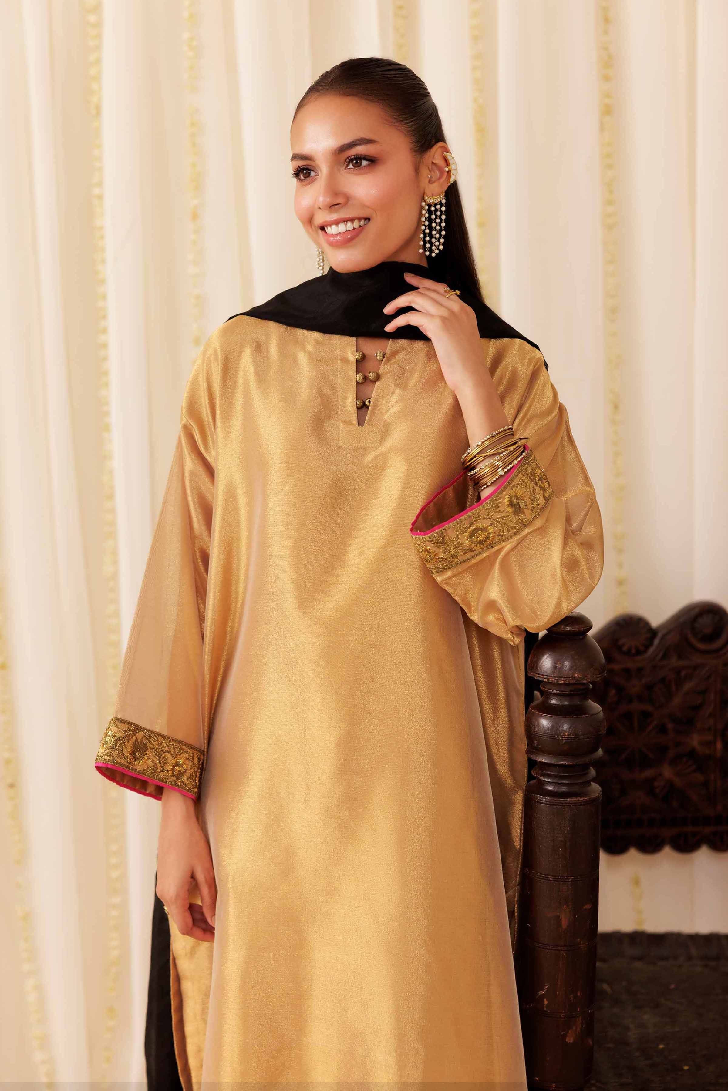3 Piece - Embroidered Suit - PFE25-49 READY TO WEAR Yellow Silk 3 Pieces Embroidered
