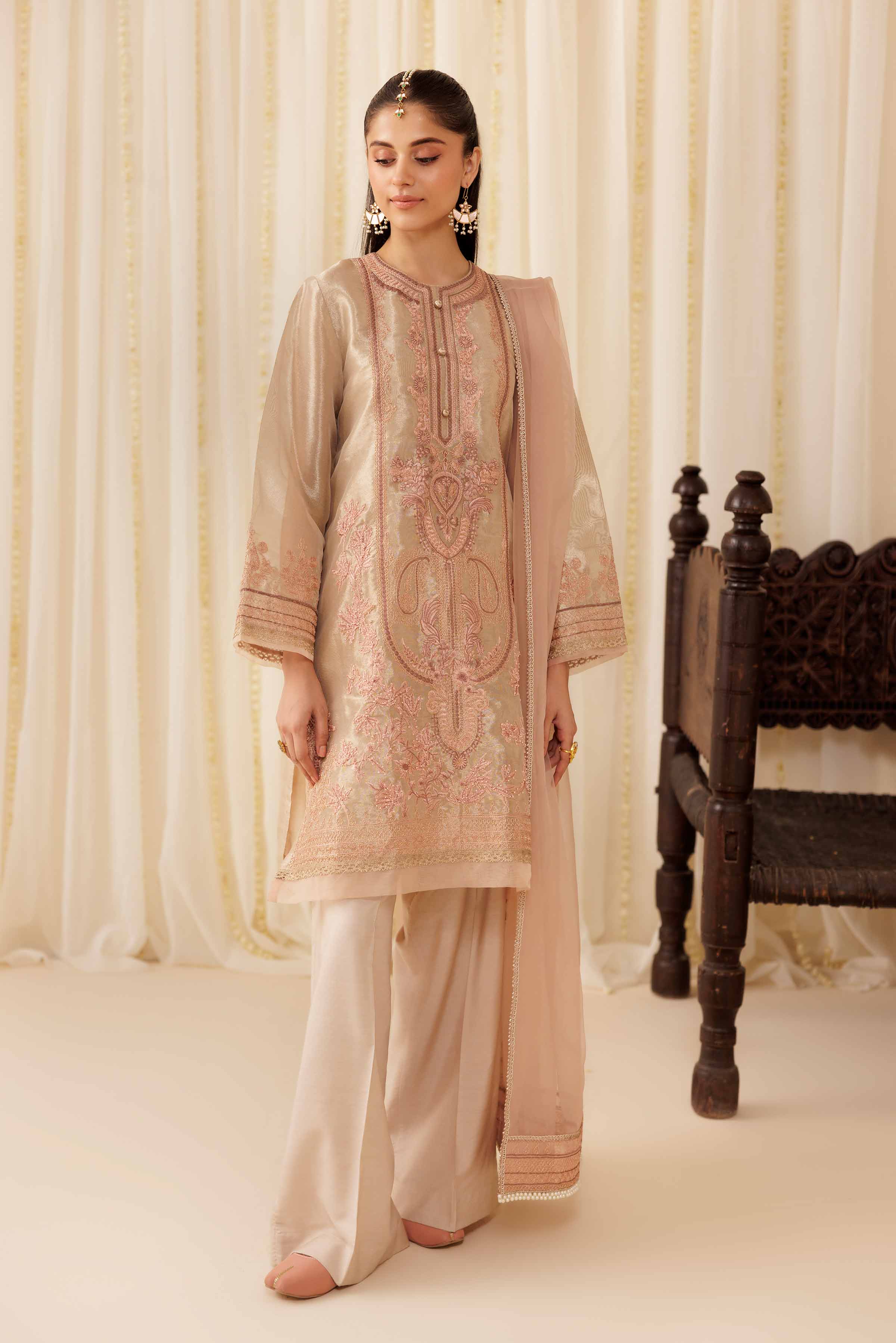 3 Piece - Embroidered Suit - PFE25-55 READY TO WEAR Red Silk 3 Pieces Embroidered