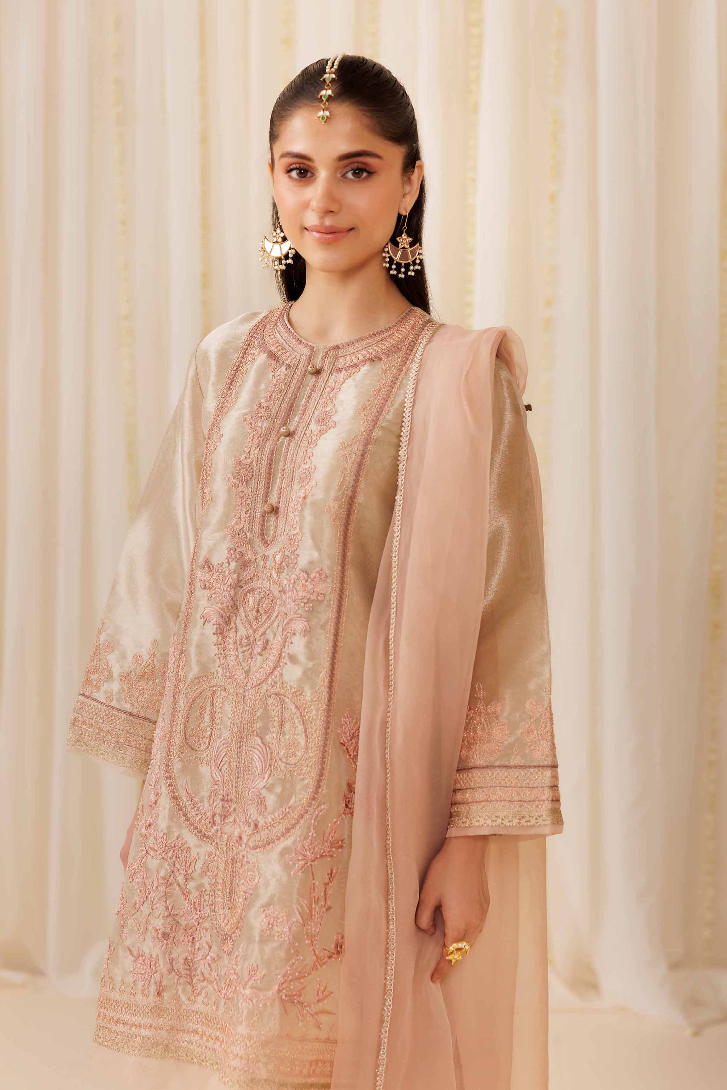 3 Piece - Embroidered Suit - PFE25-55 READY TO WEAR Red Silk 3 Pieces Embroidered