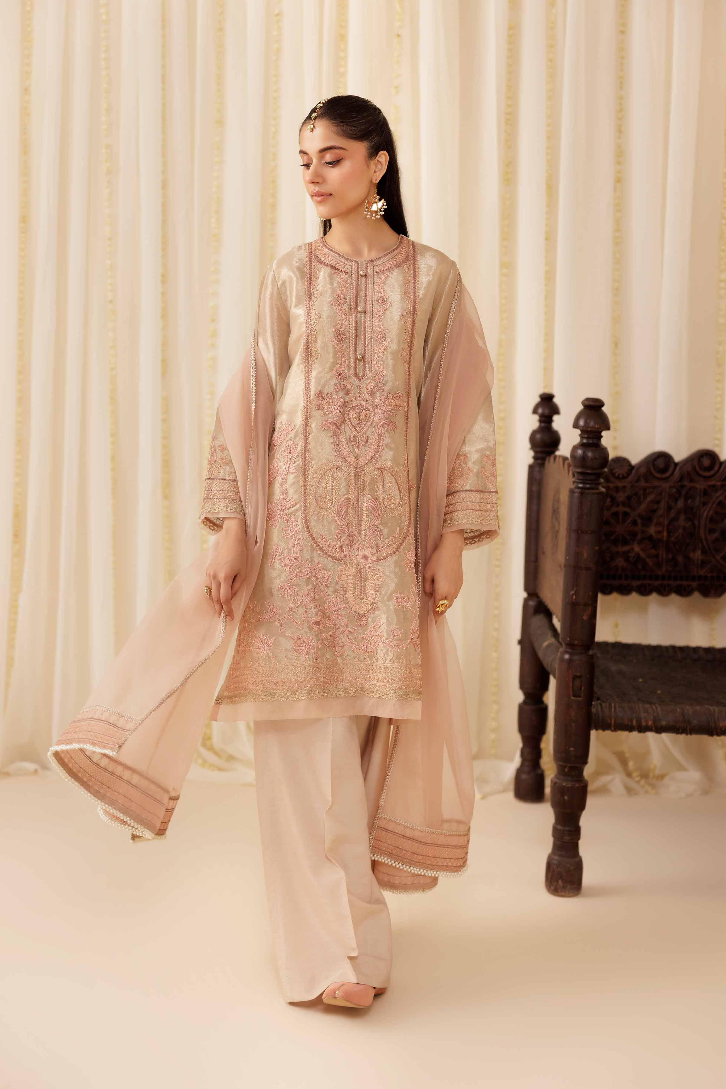 3 Piece - Embroidered Suit - PFE25-55 READY TO WEAR Red Silk 3 Pieces Embroidered