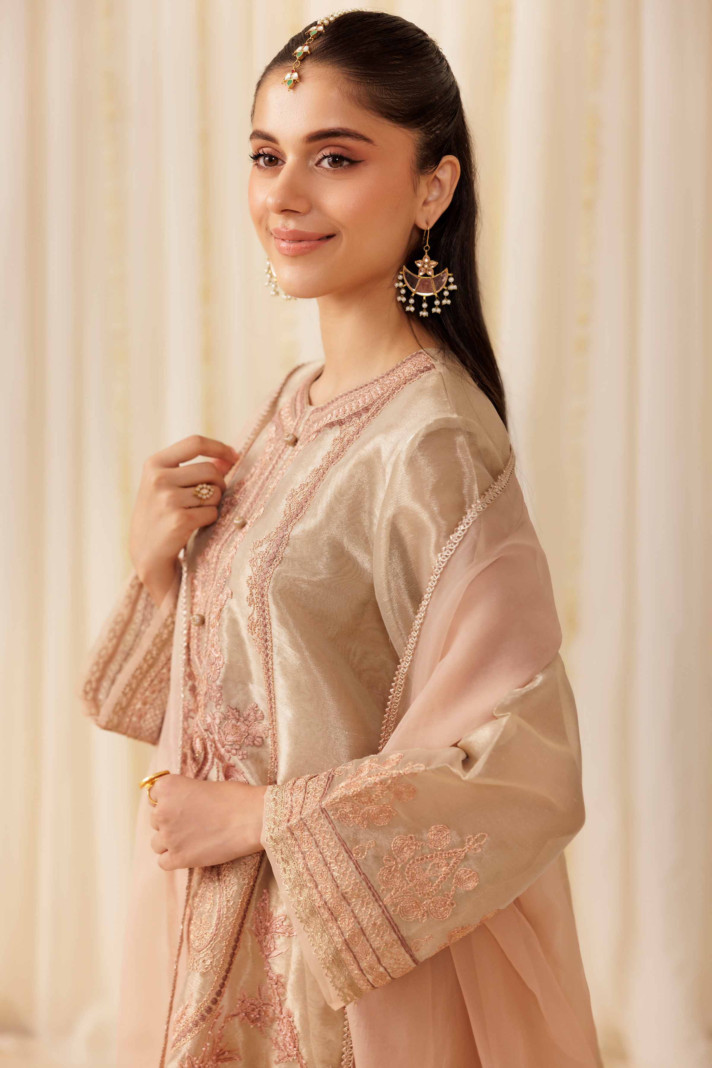 3 Piece - Embroidered Suit - PFE25-55 READY TO WEAR Red Silk 3 Pieces Embroidered