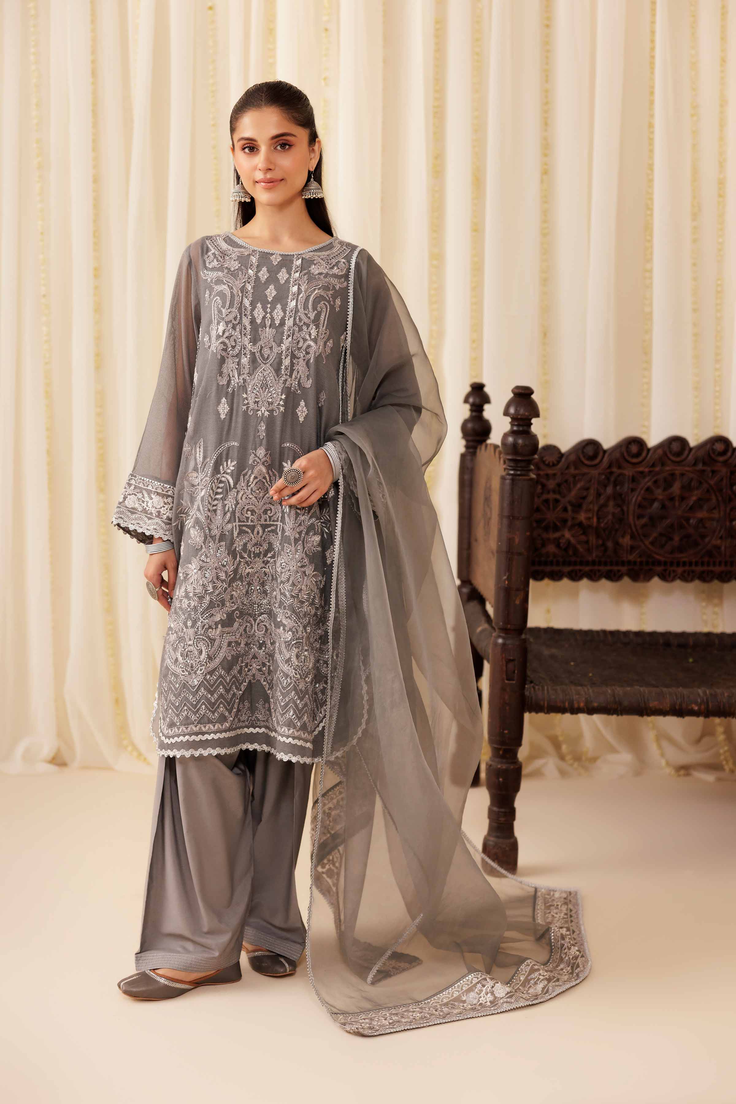 3 Piece - Embroidered Suit - PFE25-56 READY TO WEAR Grey Cotton 3 Pieces Embroidered