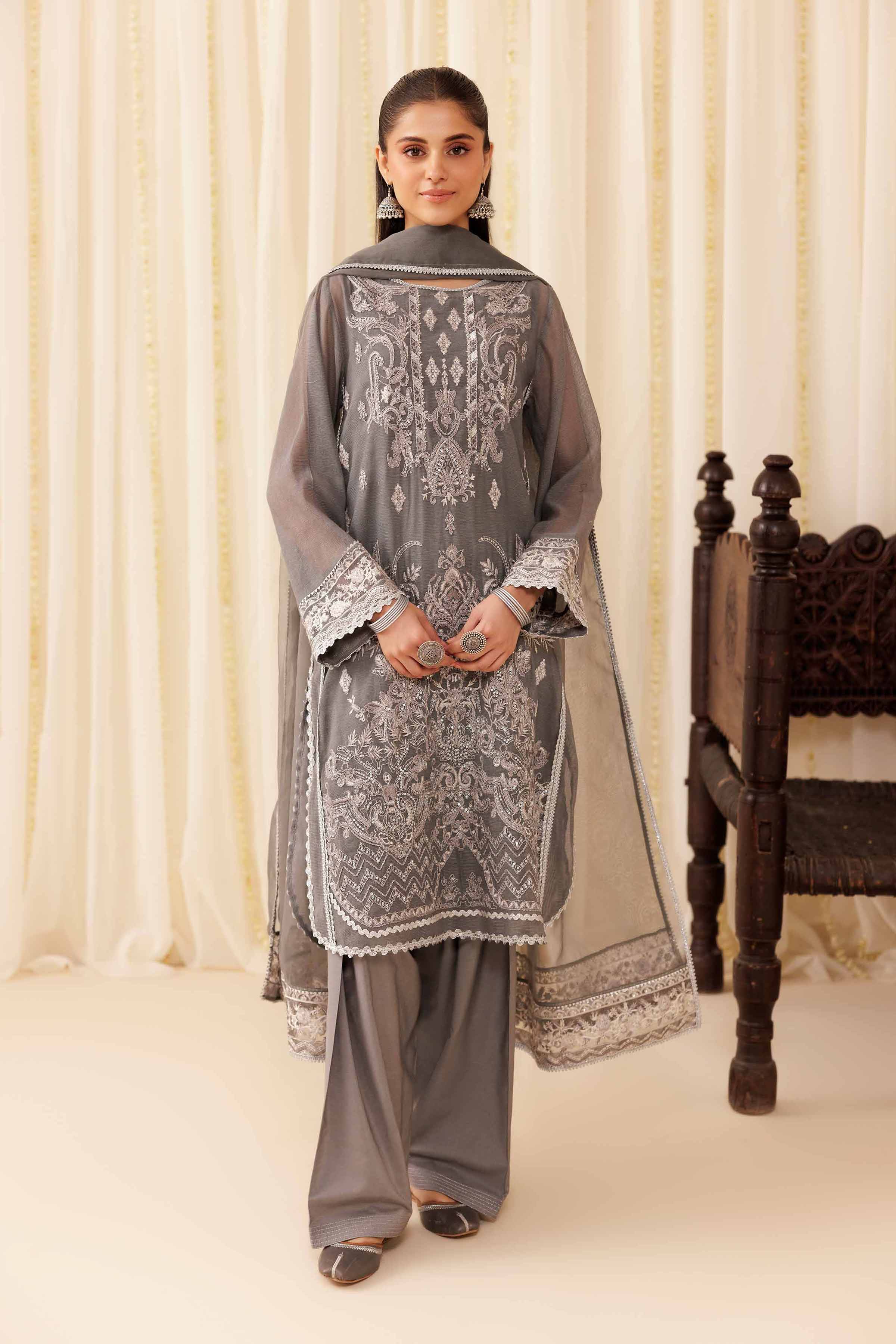 3 Piece - Embroidered Suit - PFE25-56 READY TO WEAR Grey Cotton 3 Pieces Embroidered