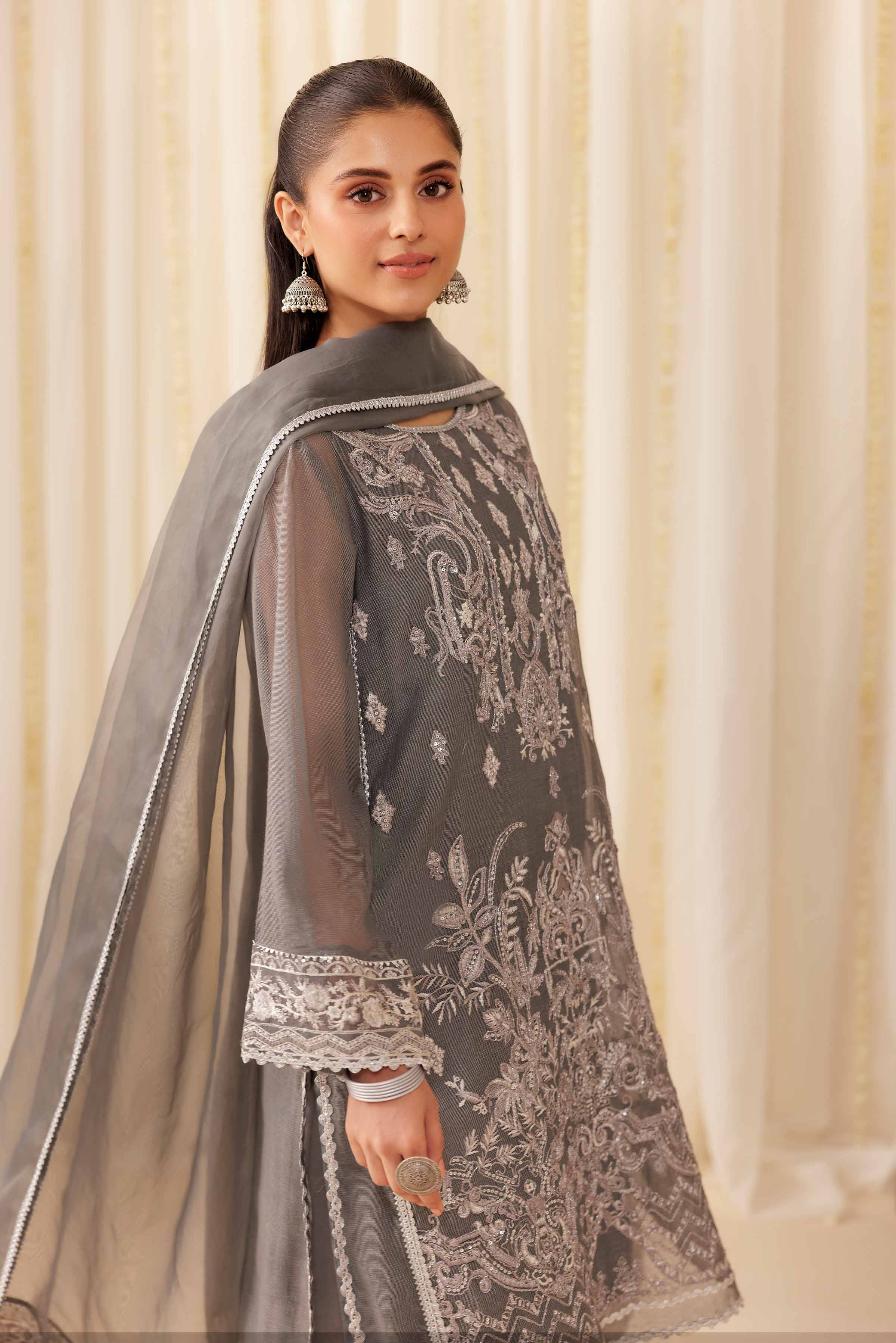 3 Piece - Embroidered Suit - PFE25-56 READY TO WEAR Grey Cotton 3 Pieces Embroidered