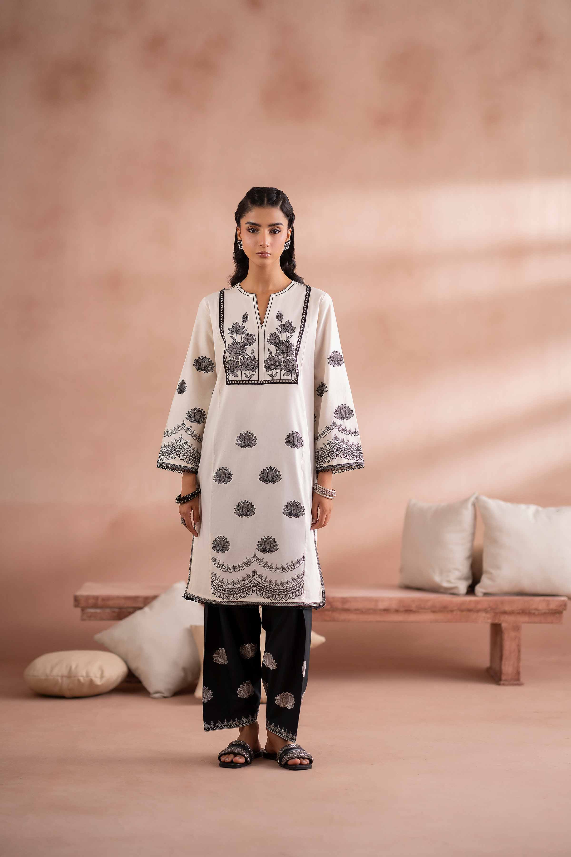 2 Piece - Embroidered Suit - PS25-128 READY TO WEAR White Cambric 2PC Embroidered